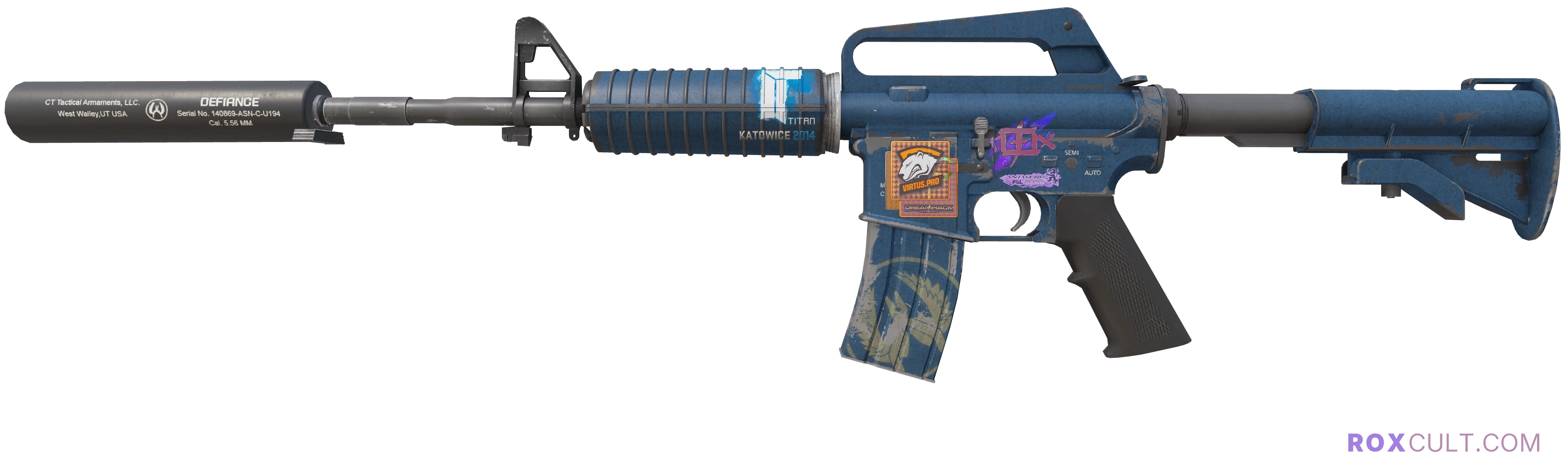 M4A1-S | Guardian (Well-Worn) — rox (Holo) Antwerp 2022 craft, playside view with 1 rox (Holo) sticker