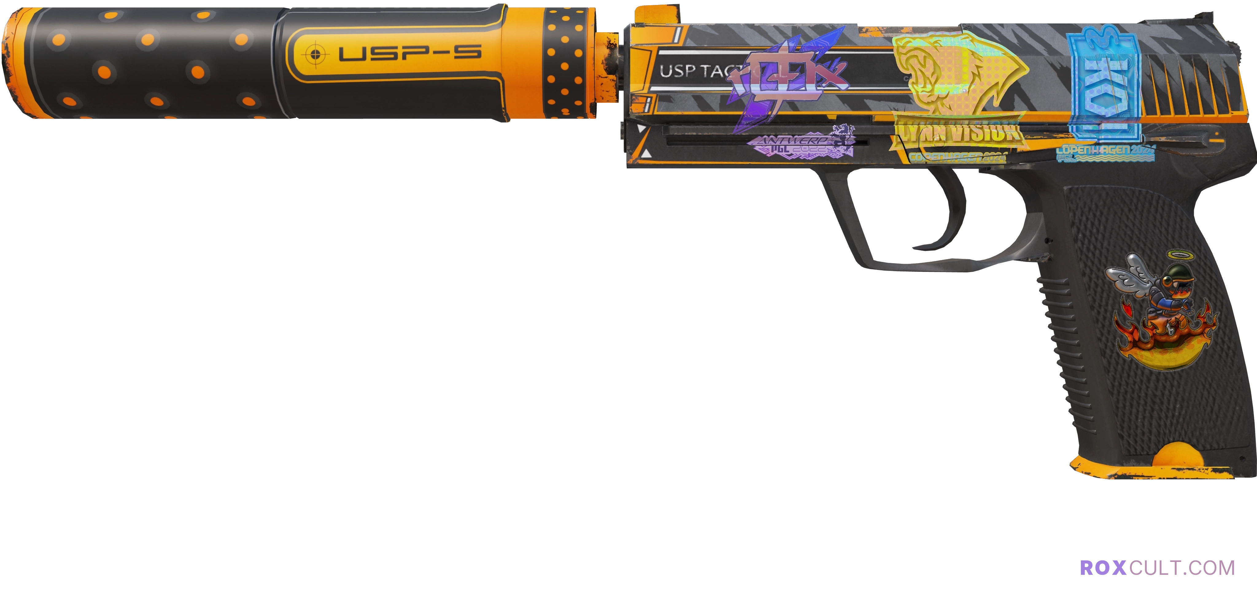 USP-S | Orion (Factory New) — rox (Holo) Antwerp 2022 craft, playside view with 1 rox (Holo) sticker