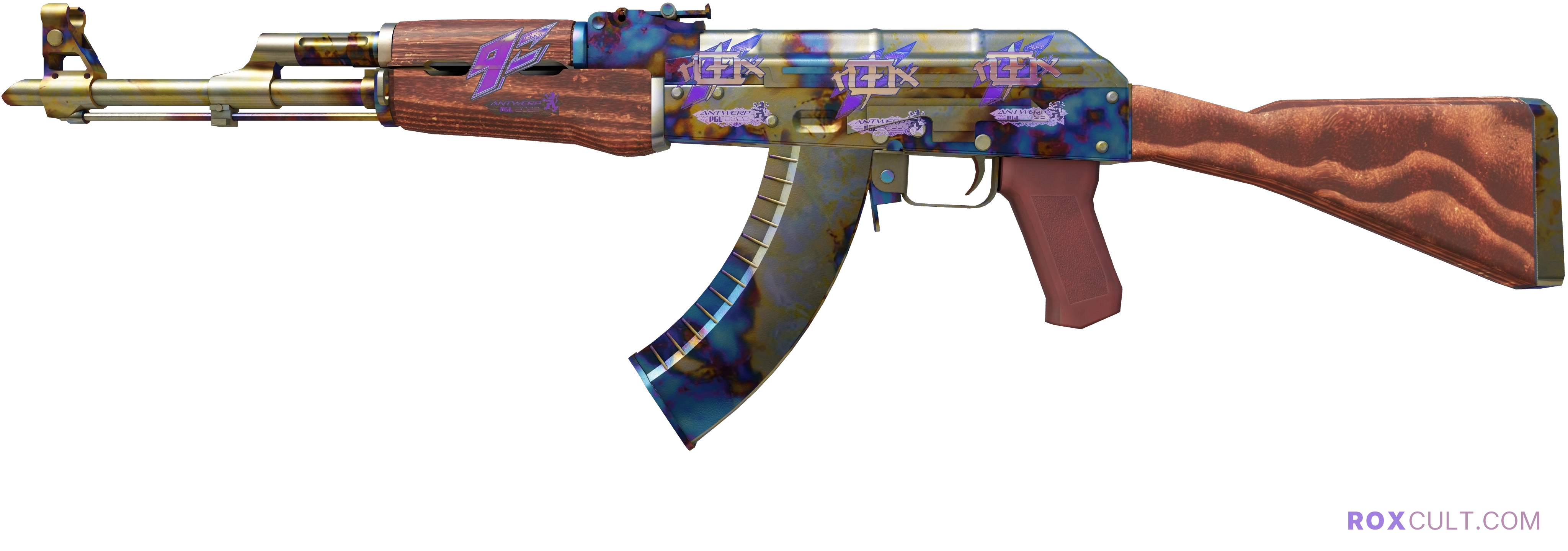 AK-47 | Case Hardened (Minimal Wear) — rox (Holo) Antwerp 2022 craft, playside view with 3 rox (Holo) stickers