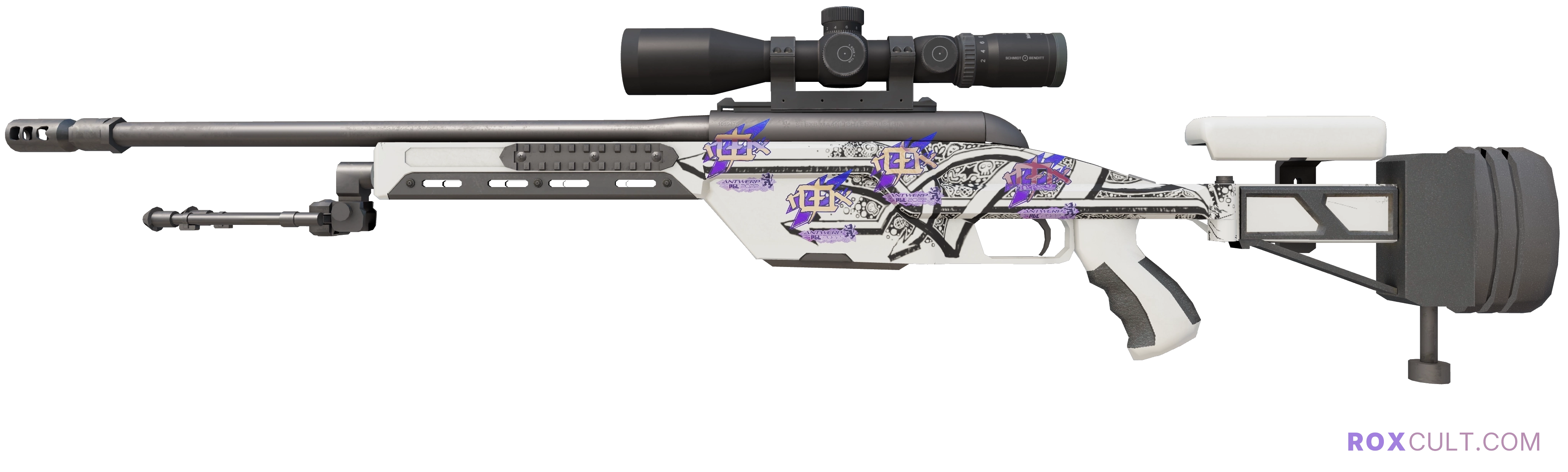 SSG 08 | Detour (Factory New) — rox (Holo) Antwerp 2022 craft, playside view with 4 rox (Holo) stickers