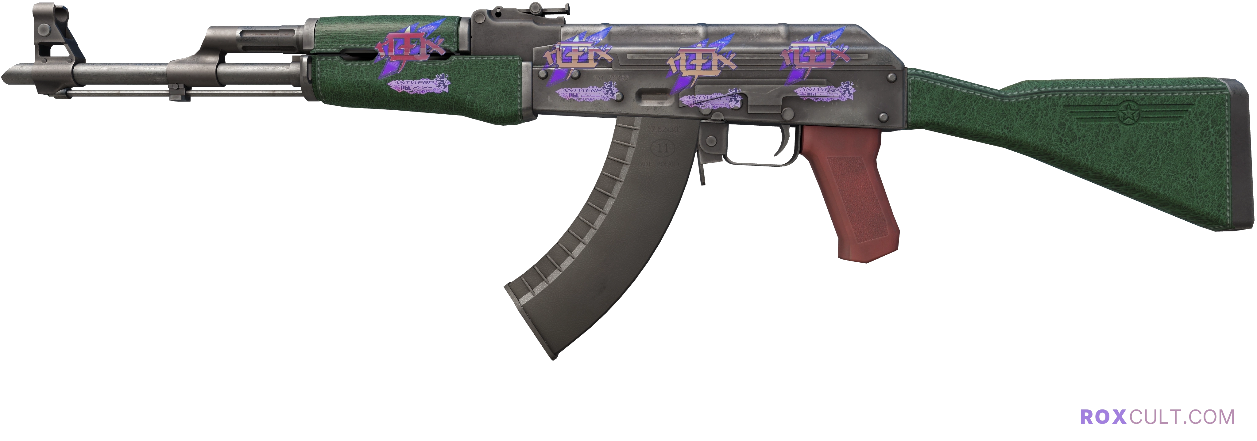 AK-47 | First Class (Factory New) — rox (Holo) Antwerp 2022 craft, playside view with 4 rox (Holo) stickers