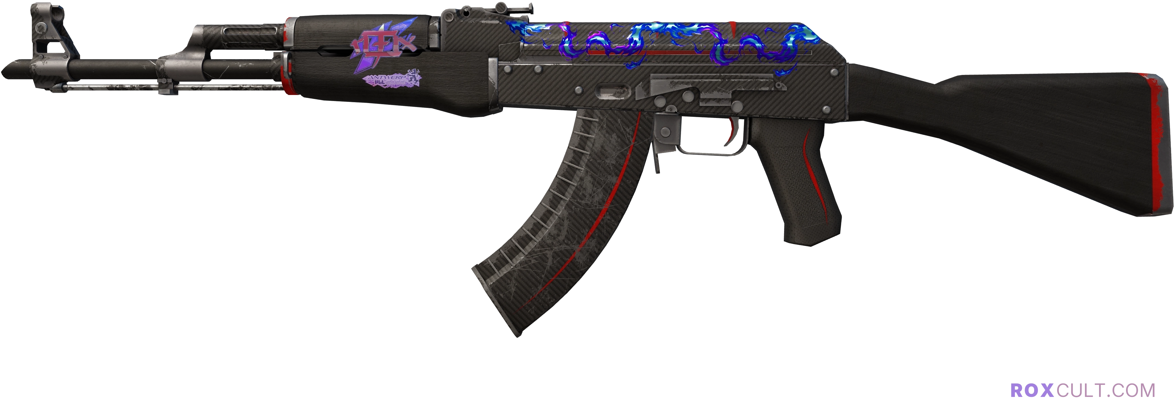 AK-47 | Redline (Field-Tested) — rox (Holo) Antwerp 2022 craft, playside view with 1 rox (Holo) sticker