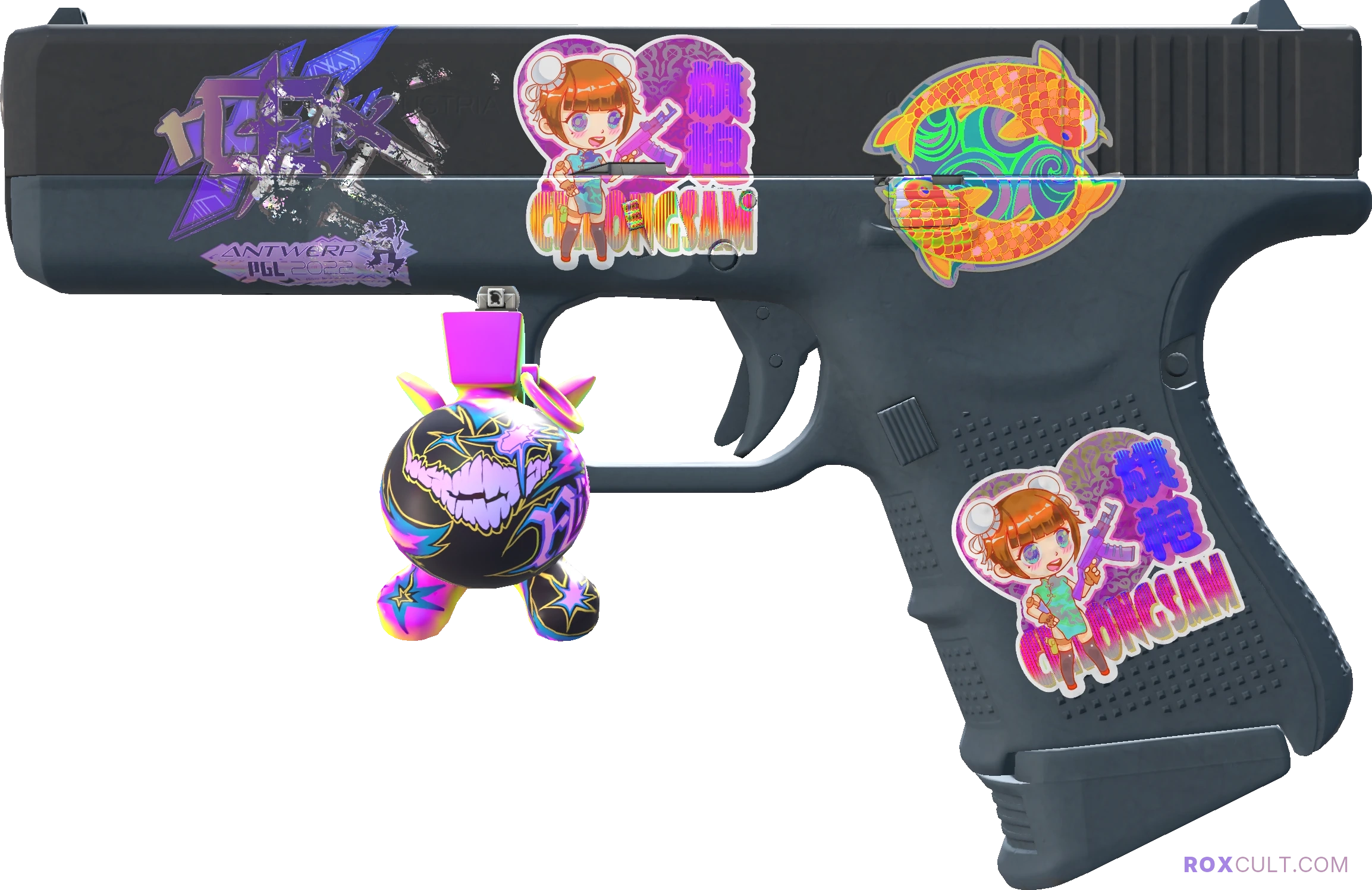 Glock-18 | Night (Minimal Wear) — rox (Holo) Antwerp 2022 craft, playside view with 1 rox (Holo) sticker