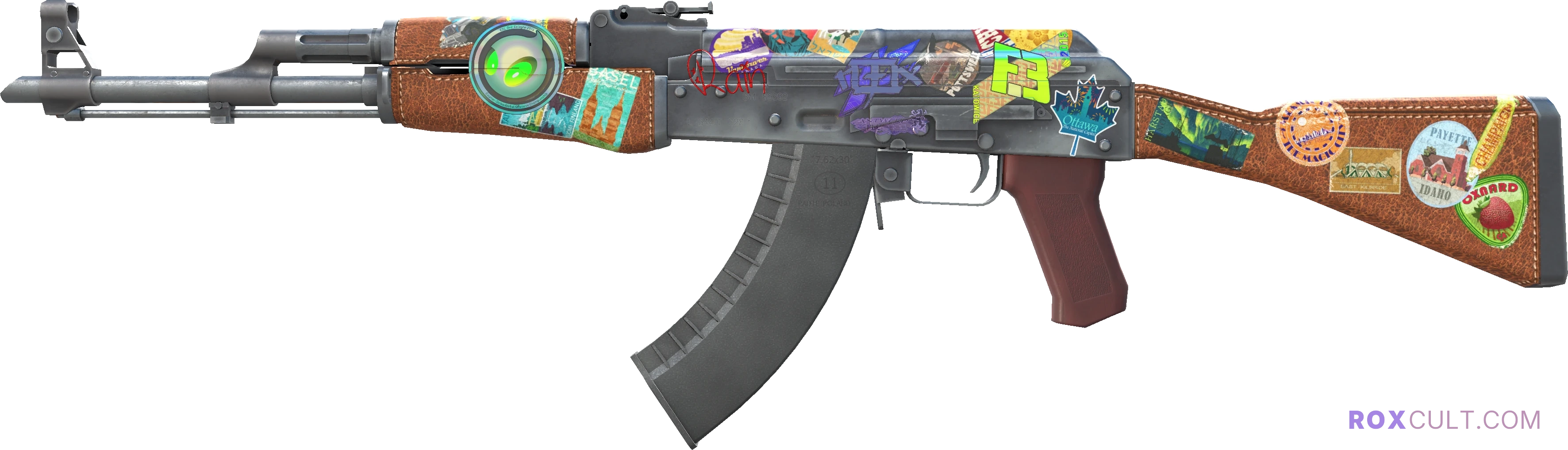 AK-47 | Jet Set (Well-Worn) — rox (Holo) Antwerp 2022 craft, playside view with 1 rox (Holo) sticker