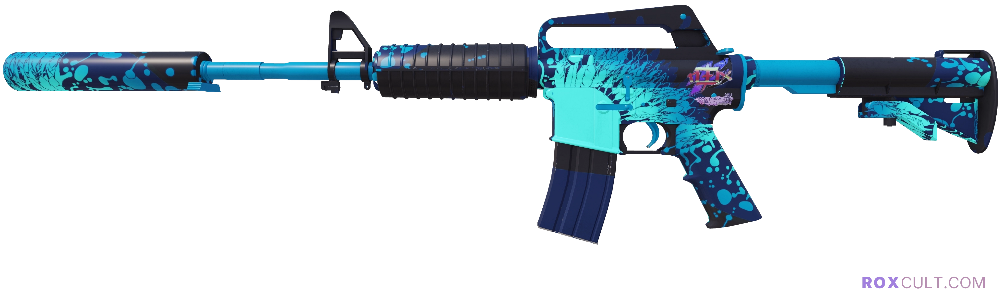 M4A1-S | Icarus Fell (Factory New) — rox (Holo) Antwerp 2022 craft, playside view with 1 rox (Holo) sticker