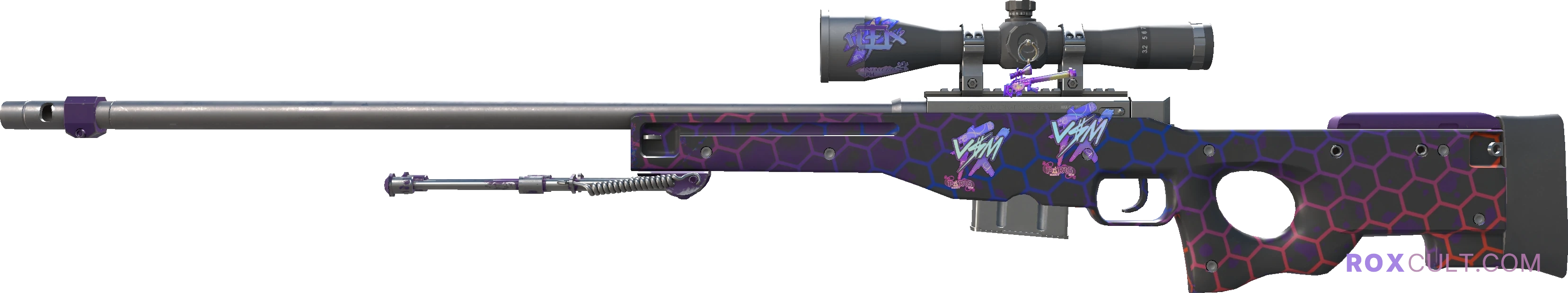 AWP | Electric Hive (Factory New) — rox (Holo) Antwerp 2022 craft, playside view with 1 rox (Holo) sticker