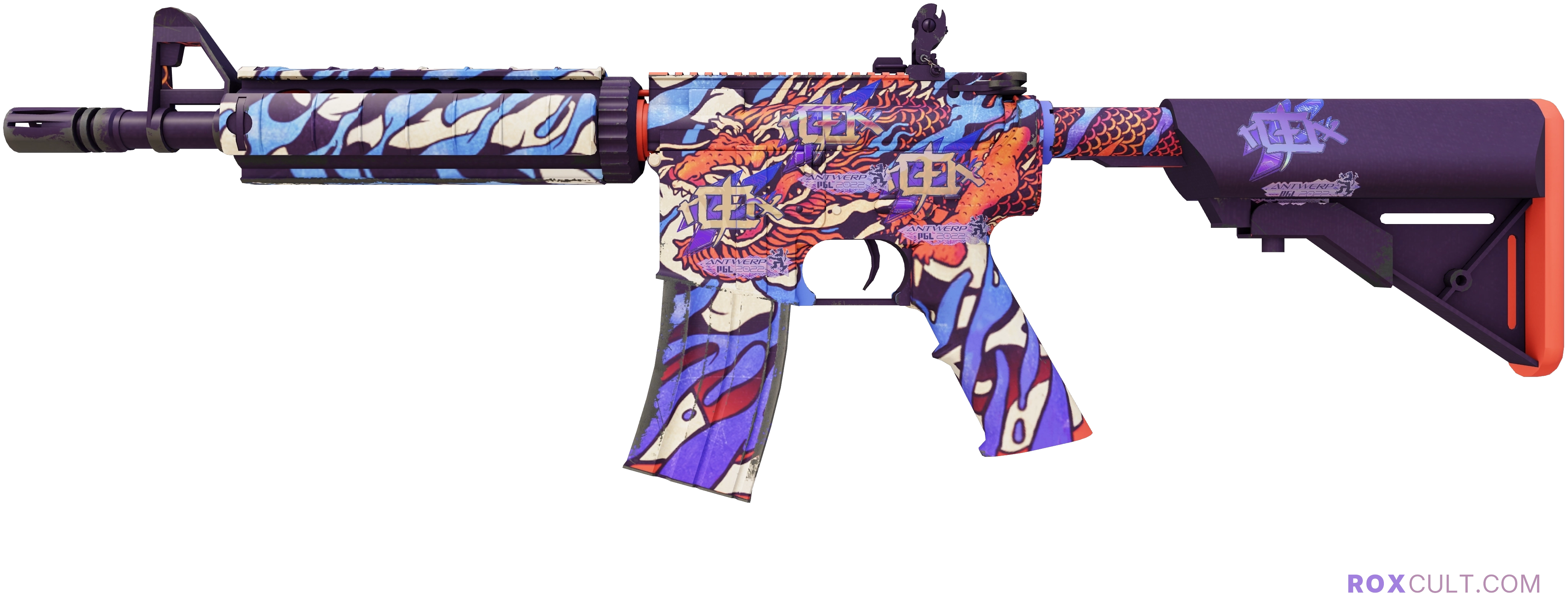 M4A4 | 龍王 (Dragon King) (Factory New) — rox (Holo) Antwerp 2022 craft, playside view with 4 rox (Holo) stickers