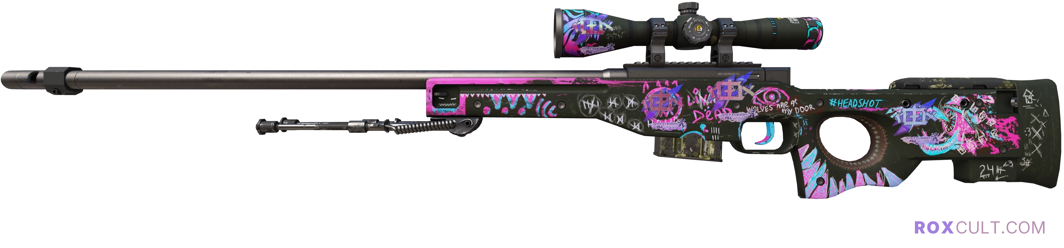 AWP | Fever Dream (Factory New) — rox (Holo) Antwerp 2022 craft, playside view with 4 rox (Holo) stickers