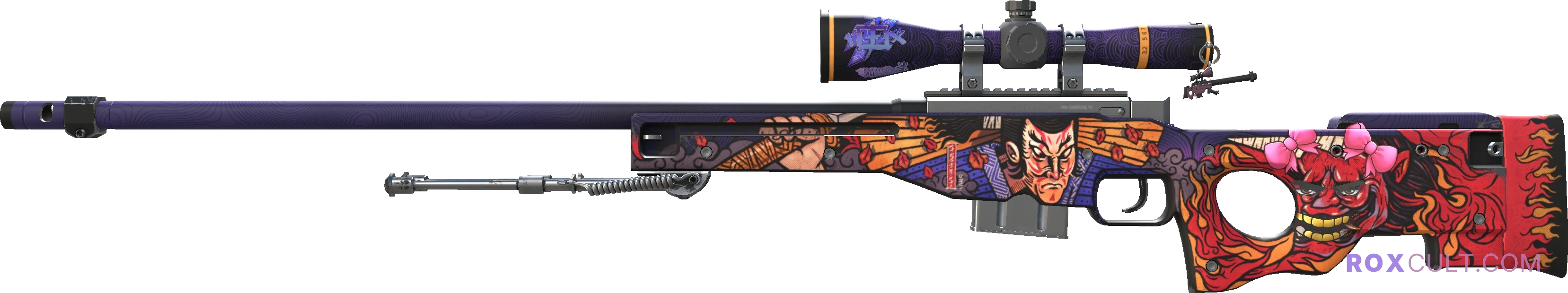 AWP | Oni Taiji (Factory New) — rox (Holo) Antwerp 2022 craft, playside view with 1 rox (Holo) sticker