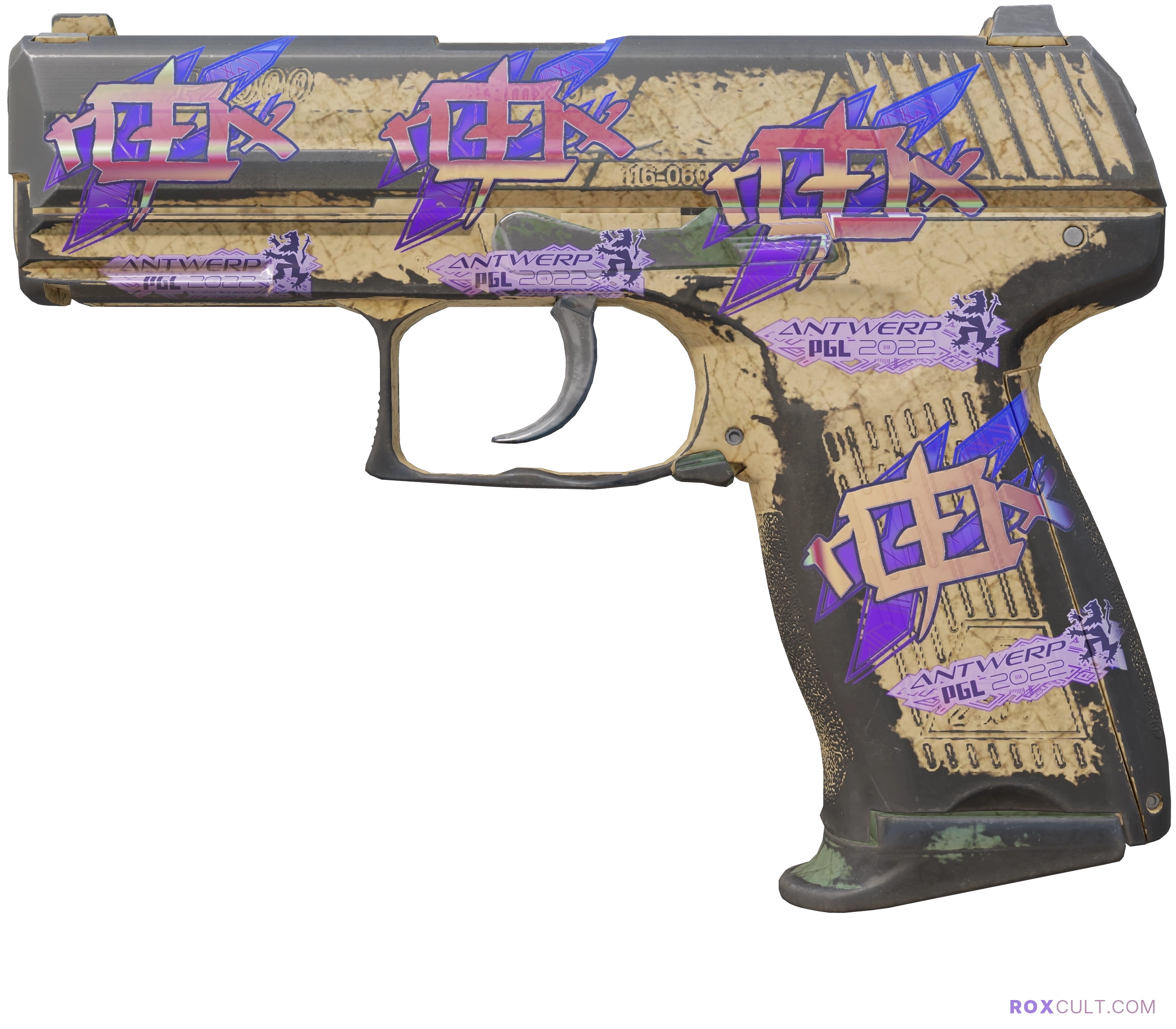 P2000 | Grassland (Battle-Scarred) — rox (Holo) Antwerp 2022 craft, playside view with 4 rox (Holo) stickers