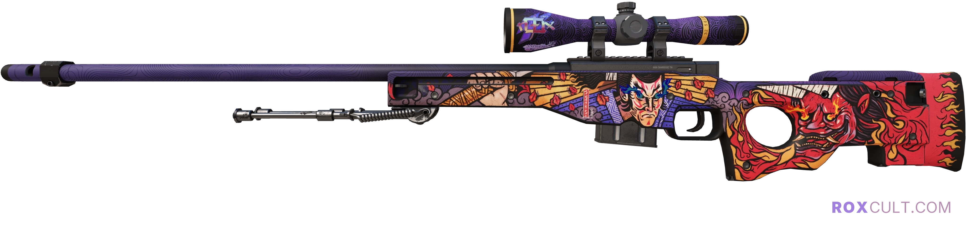 AWP | Oni Taiji (Factory New) — rox (Holo) Antwerp 2022 craft, playside view with 1 rox (Holo) sticker
