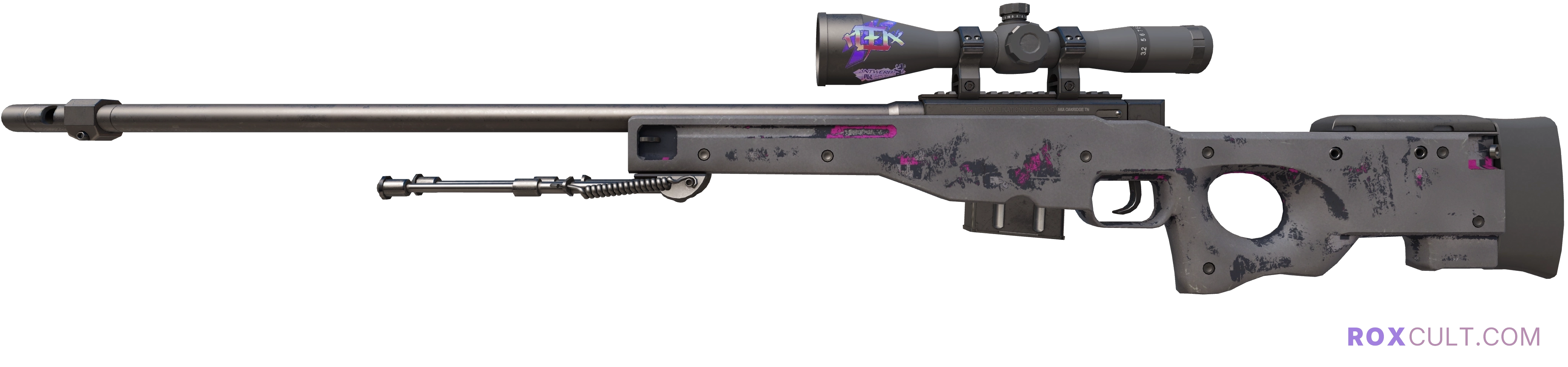 AWP | Pink DDPAT (Battle-Scarred) — rox (Holo) Antwerp 2022 craft, playside view with 1 rox (Holo) sticker
