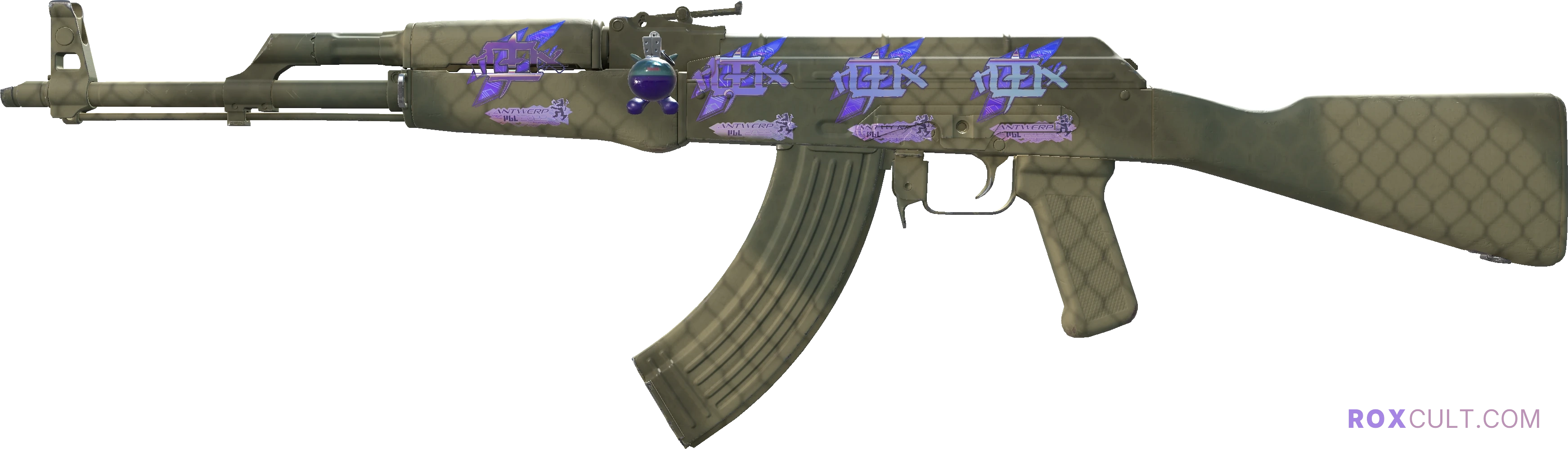 AK-47 | Safari Mesh (Factory New) — rox (Holo) Antwerp 2022 craft, playside view with 4 rox (Holo) stickers
