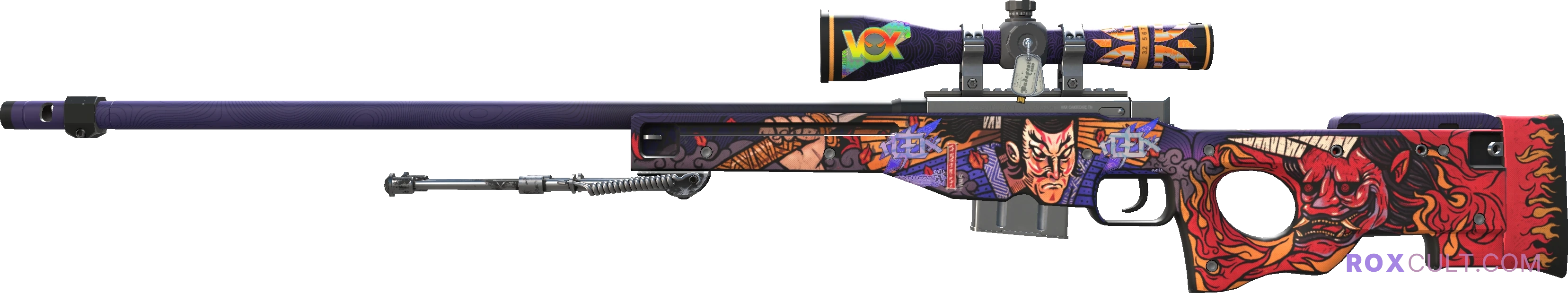 AWP | Oni Taiji (Factory New) — rox (Holo) Antwerp 2022 craft, playside view with 2 rox (Holo) stickers