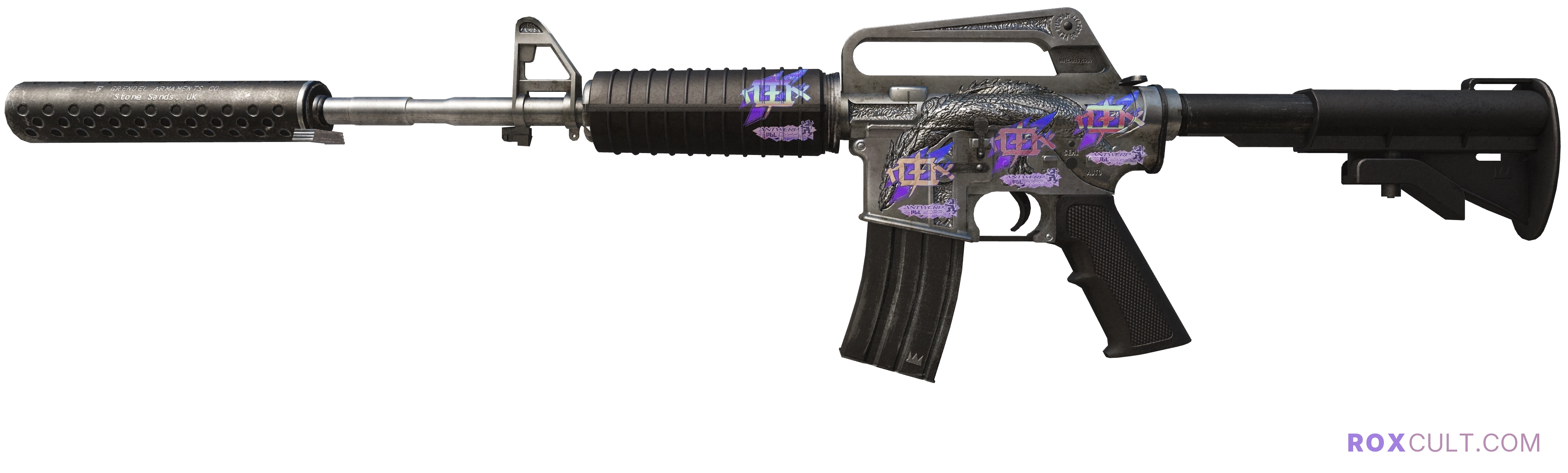 M4A1-S | Basilisk (Minimal Wear) — rox (Holo) Antwerp 2022 craft, playside view with 4 rox (Holo) stickers