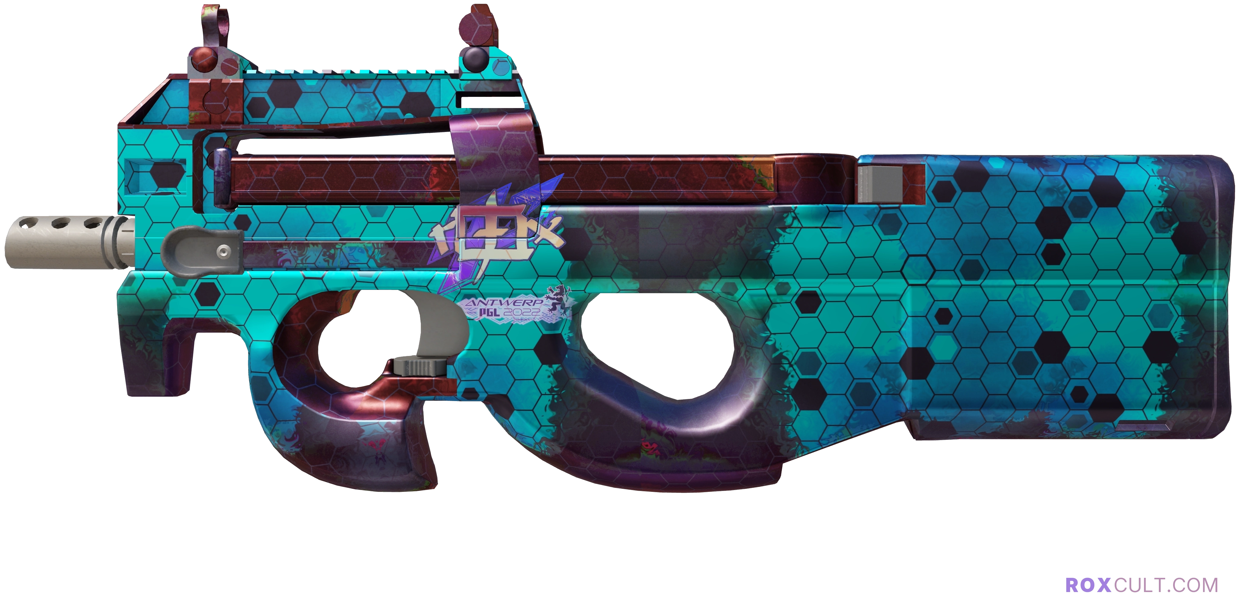 P90 | Module (Factory New) — rox (Holo) Antwerp 2022 craft, playside view with 1 rox (Holo) sticker