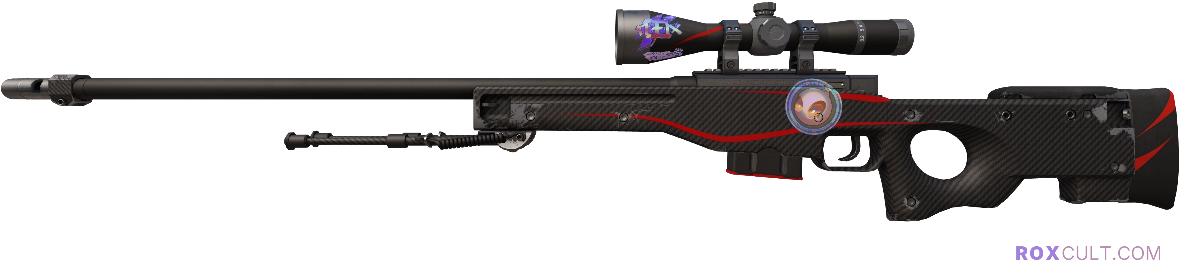 AWP | Redline (Minimal Wear) — rox (Holo) Antwerp 2022 craft, playside view with 3 rox (Holo) stickers