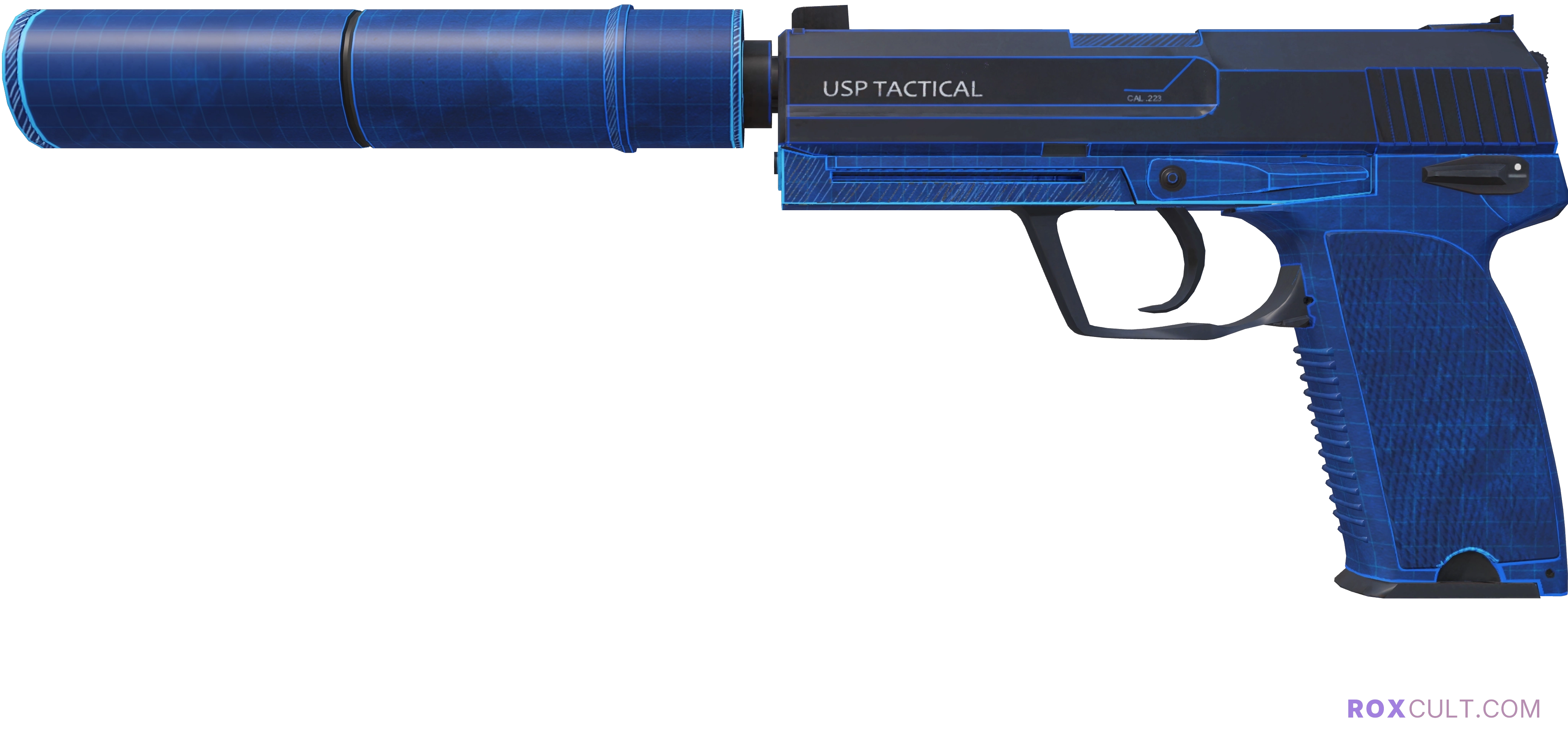 USP-S | Blueprint (Factory New) — rox (Holo) Antwerp 2022 craft, playside view with 1 rox (Holo) sticker