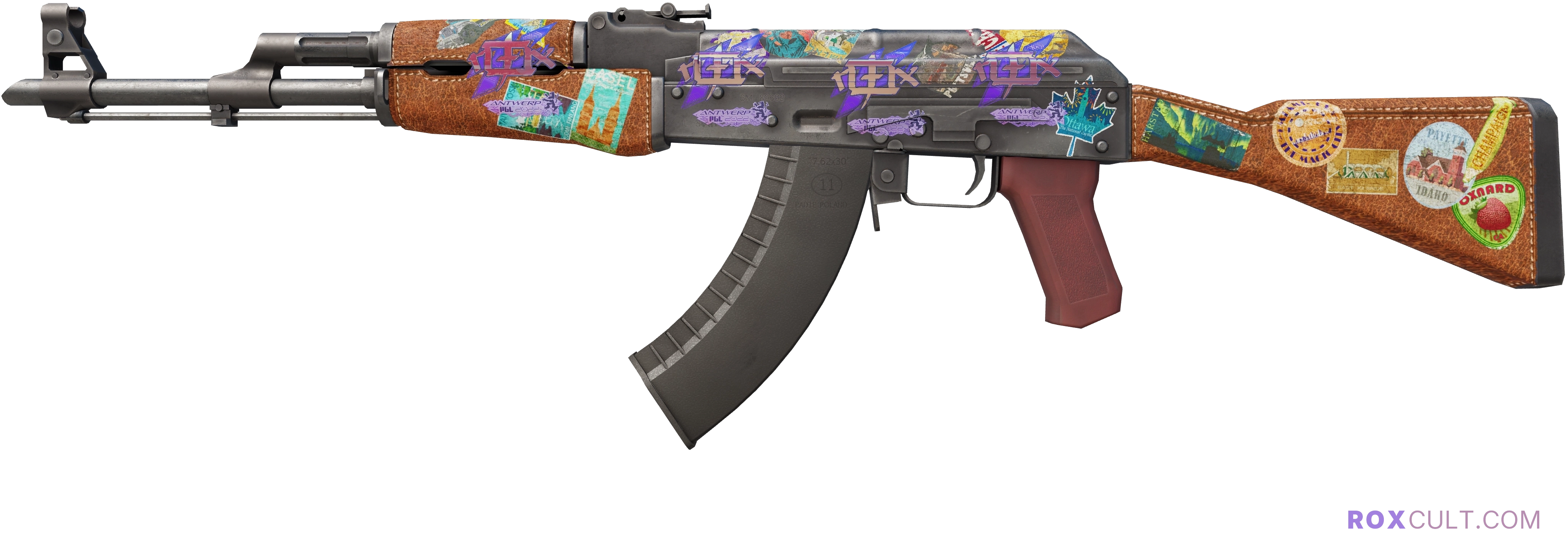 AK-47 | Jet Set (Battle-Scarred) — rox (Holo) Antwerp 2022 craft, playside view with 4 rox (Holo) stickers