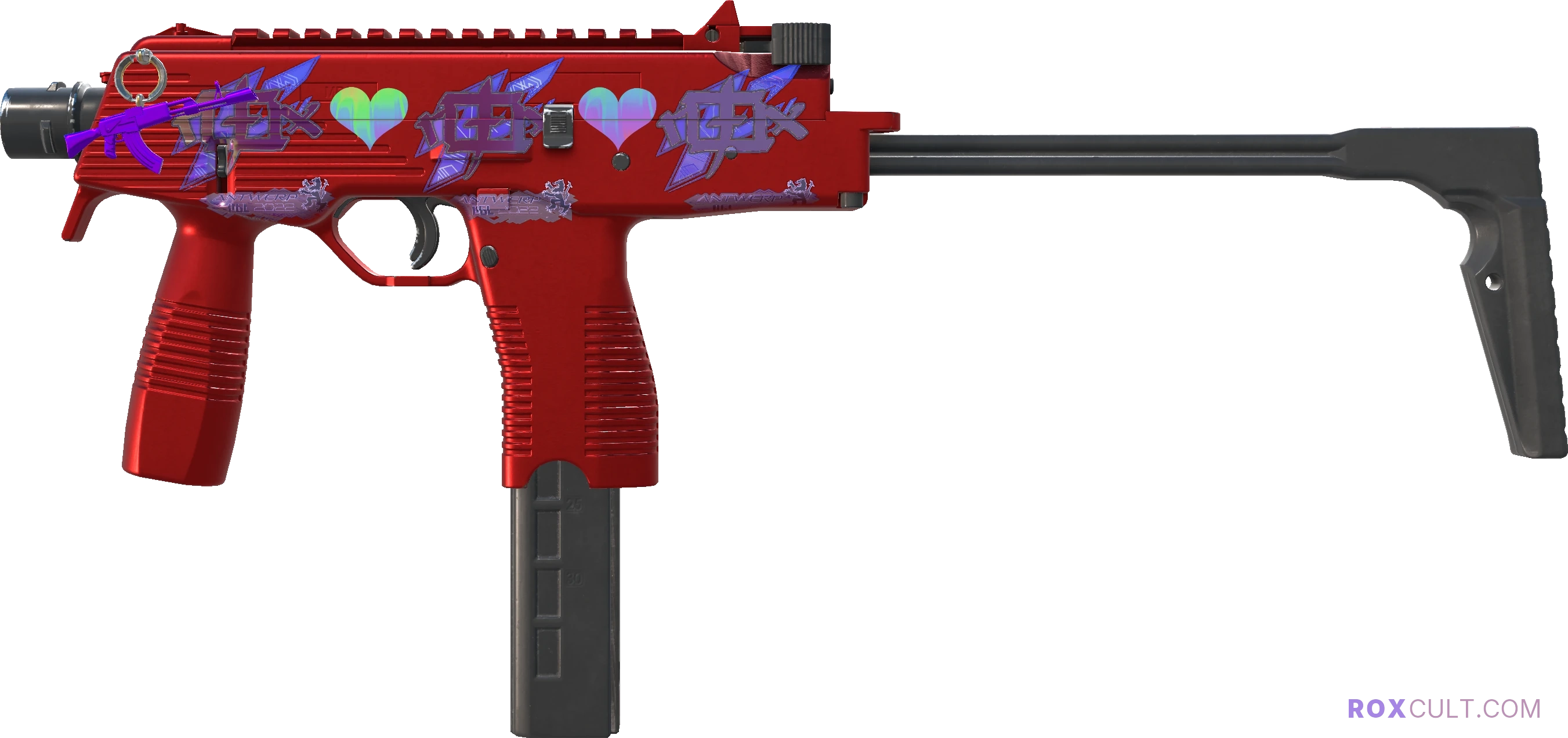 MP9 | Hot Rod (Factory New) — rox (Holo) Antwerp 2022 craft, playside view with 3 rox (Holo) stickers