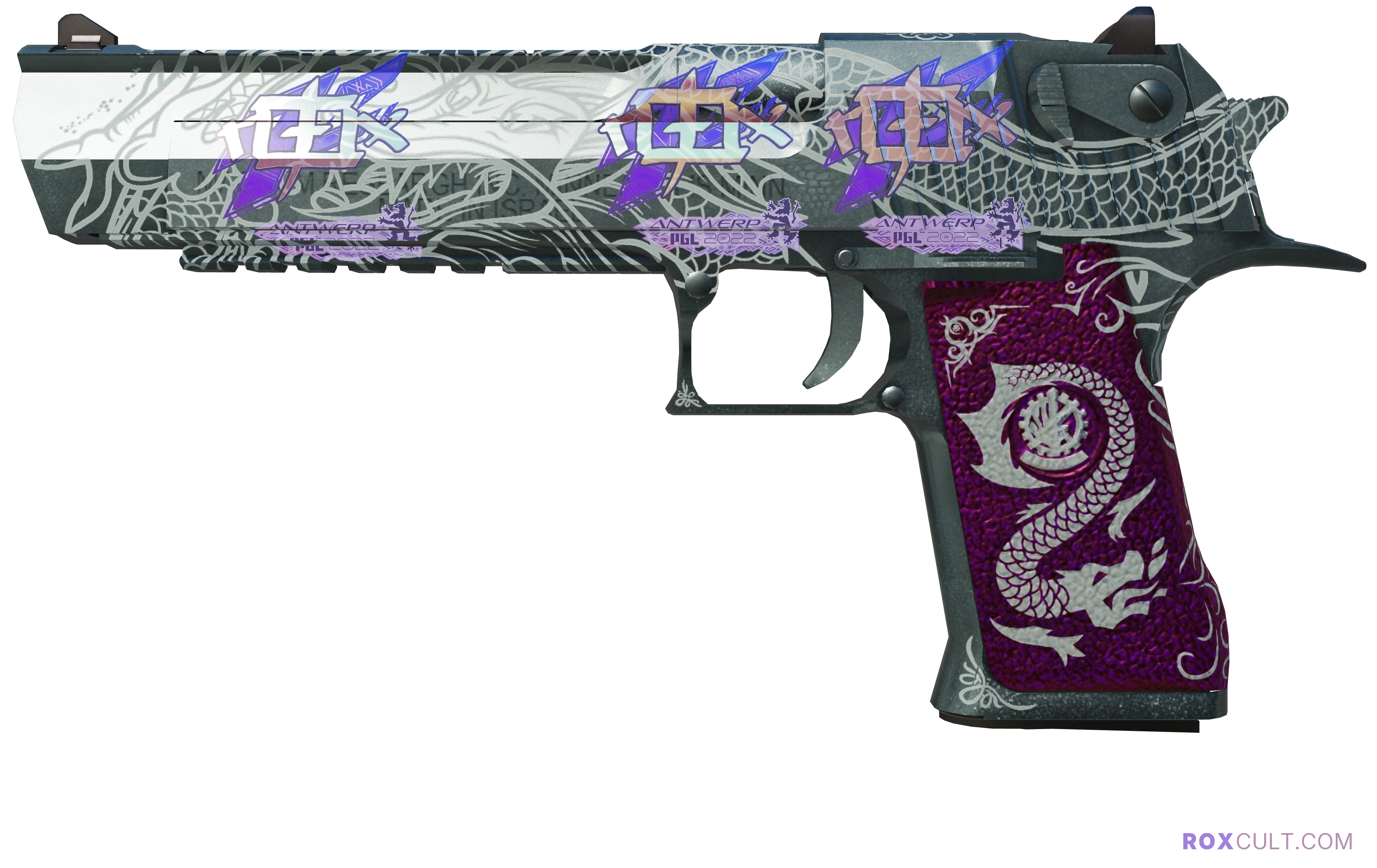 Desert Eagle | Kumicho Dragon (Factory New) — rox (Holo) Antwerp 2022 craft, playside view with 3 rox (Holo) stickers