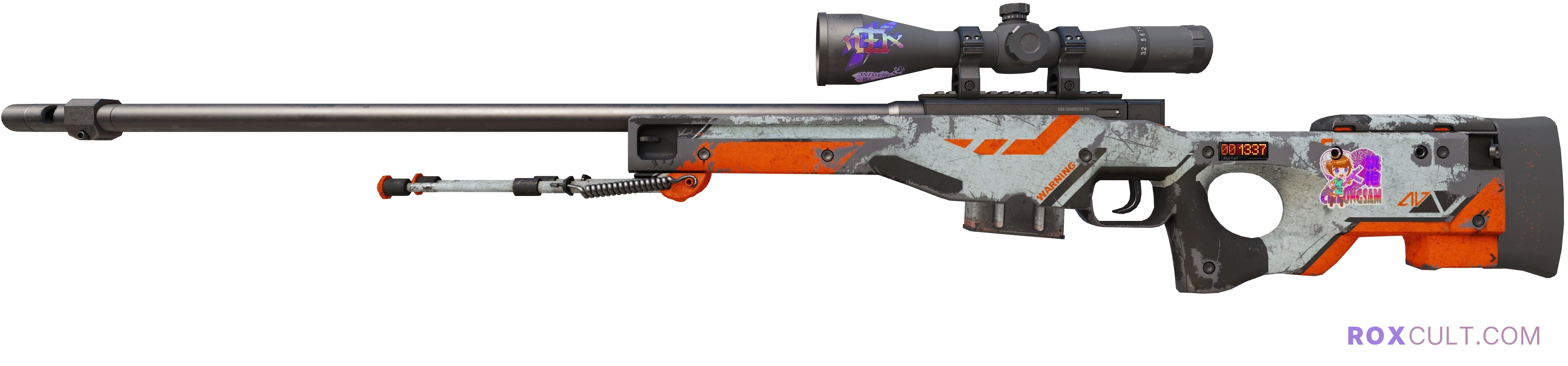 StatTrak™ AWP | Asiimov (Battle-Scarred) — rox (Holo) Antwerp 2022 craft, playside view with 1 rox (Holo) sticker