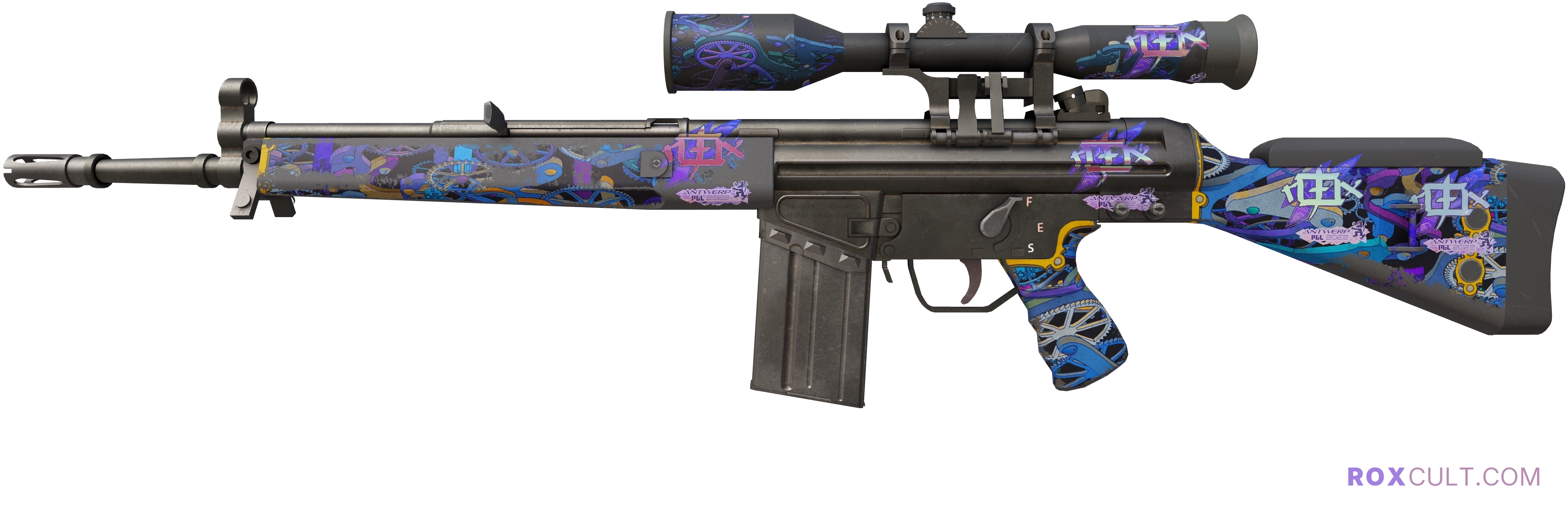 G3SG1 | Chronos (Well-Worn) — rox (Holo) Antwerp 2022 craft, playside view with 5 rox (Holo) stickers