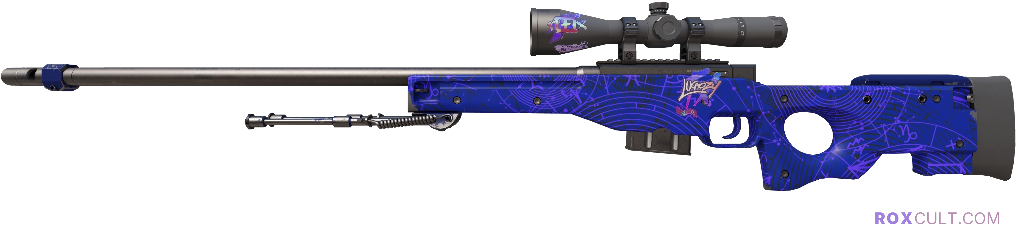 AWP | Sun in Leo (Factory New) — rox (Holo) Antwerp 2022 craft, playside view with 1 rox (Holo) sticker