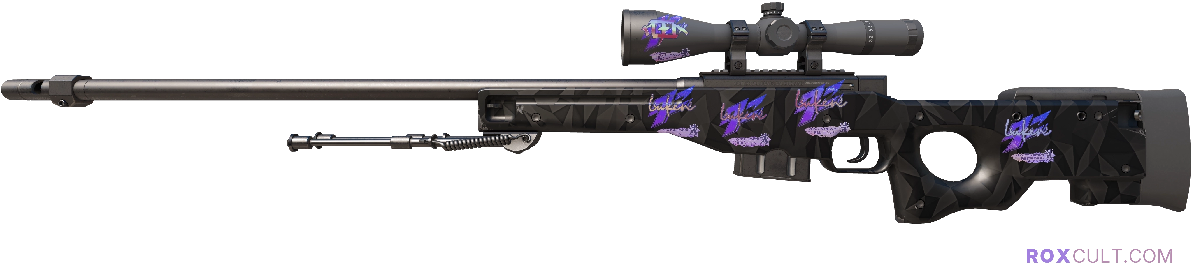 AWP | Graphite (Factory New) — rox (Holo) Antwerp 2022 craft, playside view with 1 rox (Holo) sticker