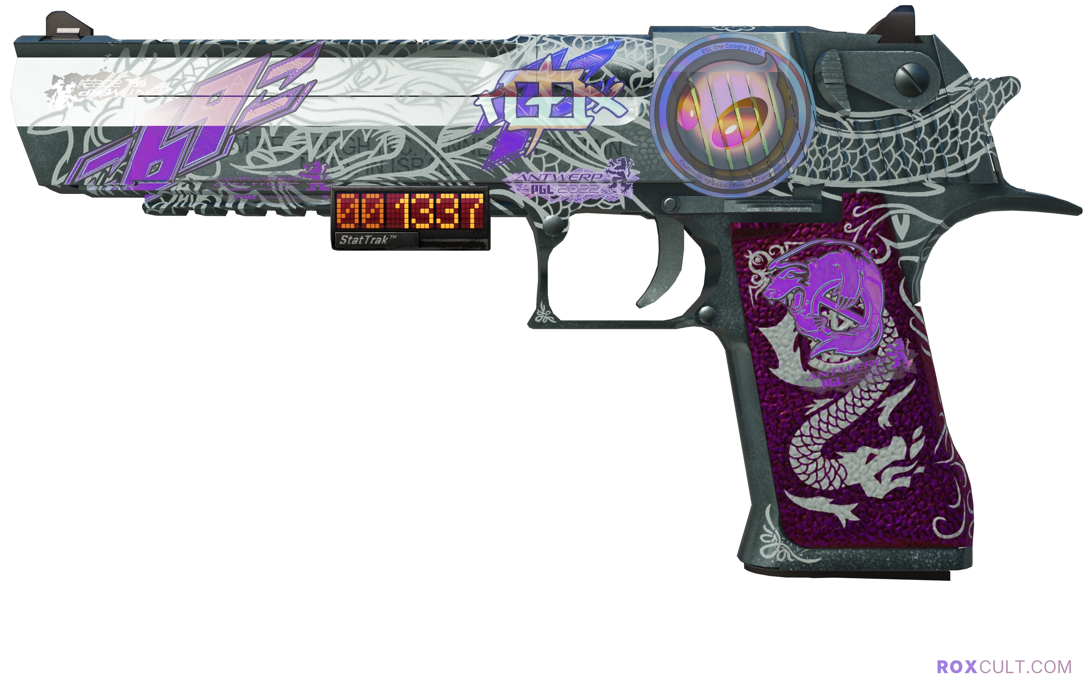 StatTrak™ Desert Eagle | Kumicho Dragon (Factory New) — rox (Holo) Antwerp 2022 craft, playside view with 1 rox (Holo) sticker