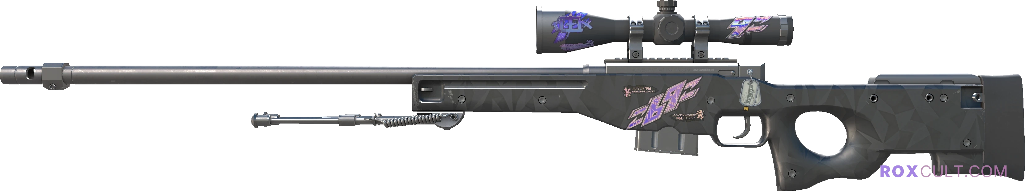 AWP | Graphite (Factory New) — rox (Holo) Antwerp 2022 craft, playside view with 1 rox (Holo) sticker