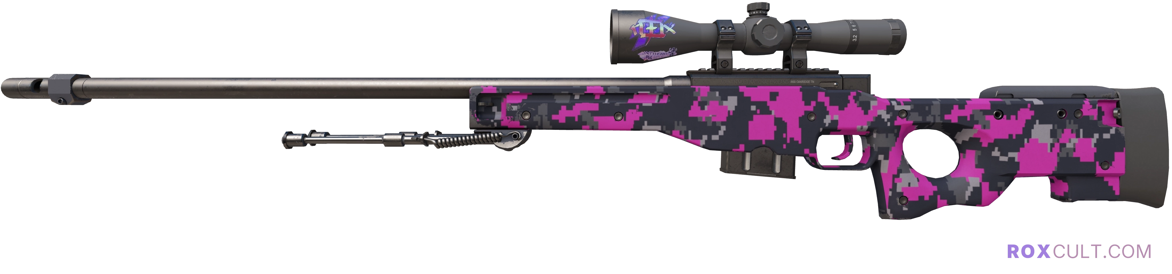 AWP | Pink DDPAT (Factory New) — rox (Holo) Antwerp 2022 craft, playside view with 1 rox (Holo) sticker