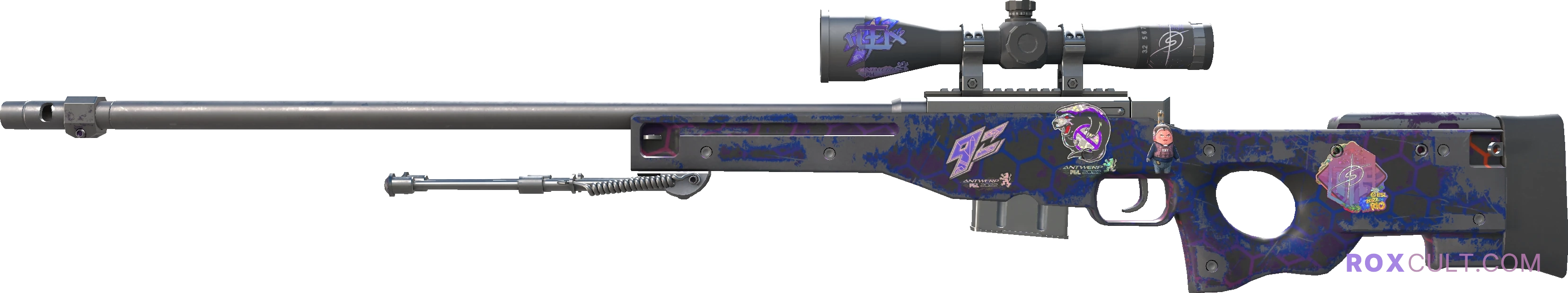 AWP | Electric Hive (Field-Tested) — rox (Holo) Antwerp 2022 craft, playside view with 1 rox (Holo) sticker