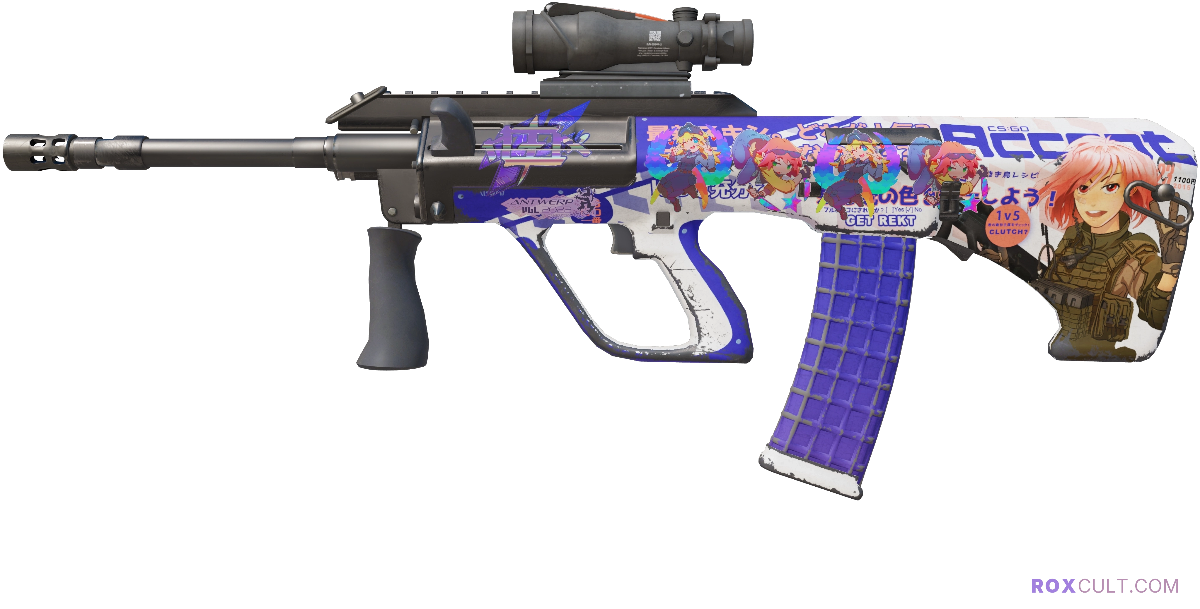 AUG | Akihabara Accept (Field-Tested) — rox (Holo) Antwerp 2022 craft, playside view with 1 rox (Holo) sticker