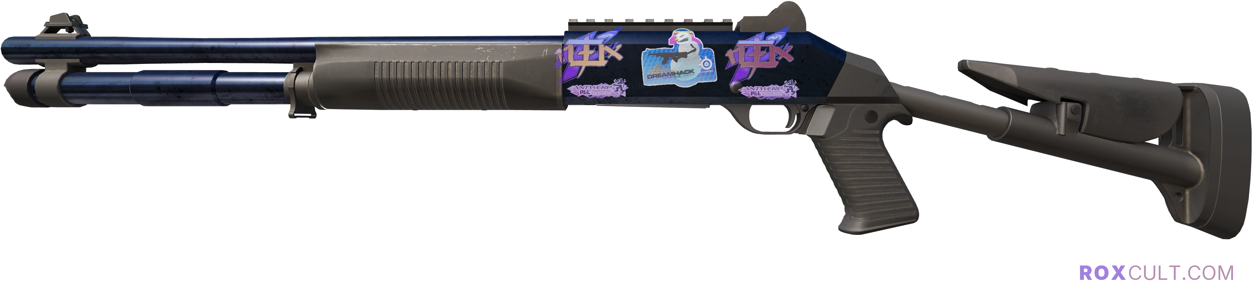 Souvenir XM1014 | Blue Steel (Field-Tested) — rox (Holo) Antwerp 2022 craft, playside view with 2 rox (Holo) stickers