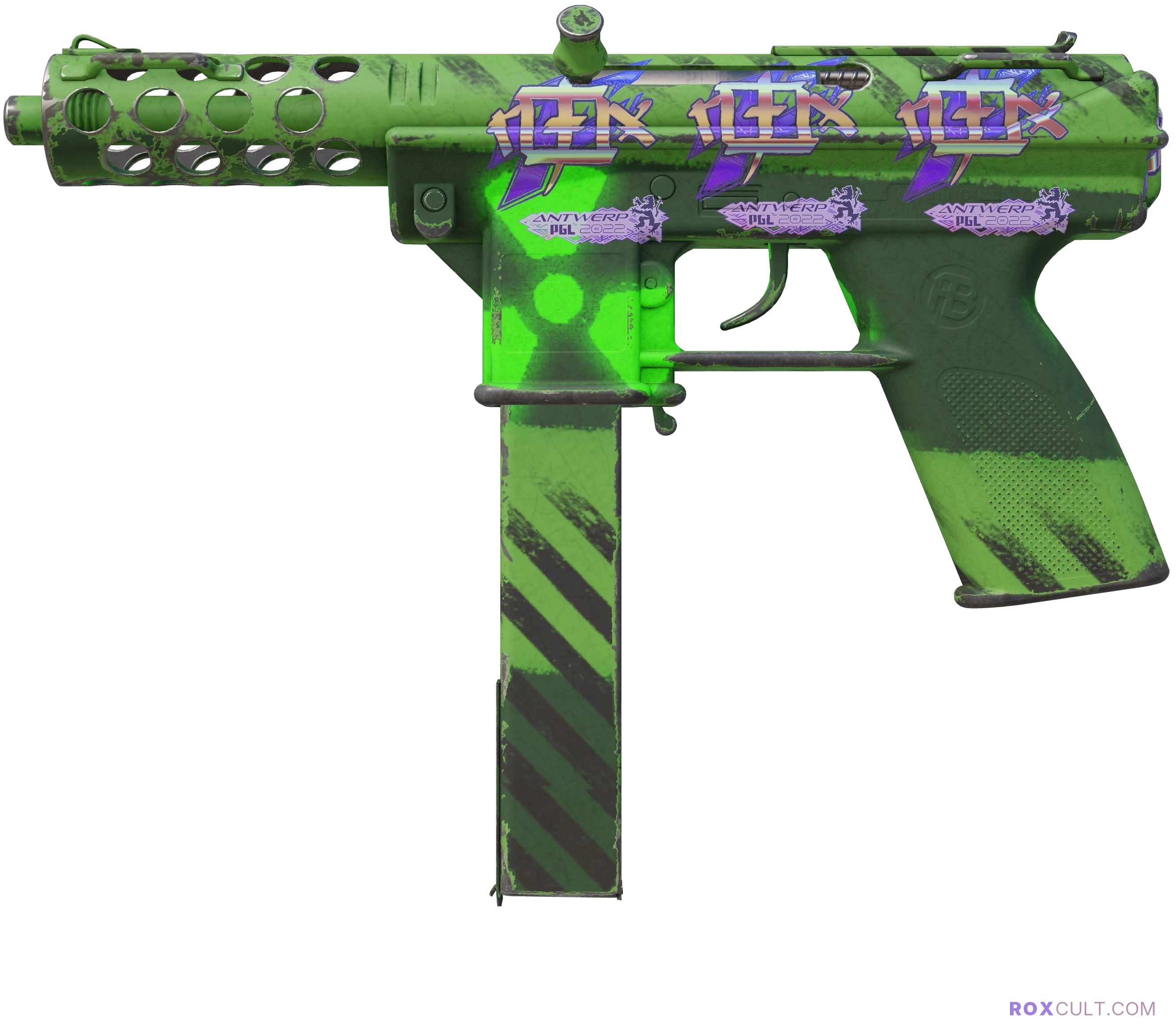 Tec-9 | Nuclear Threat (Minimal Wear) — rox (Holo) Antwerp 2022 craft, playside view with 4 rox (Holo) stickers