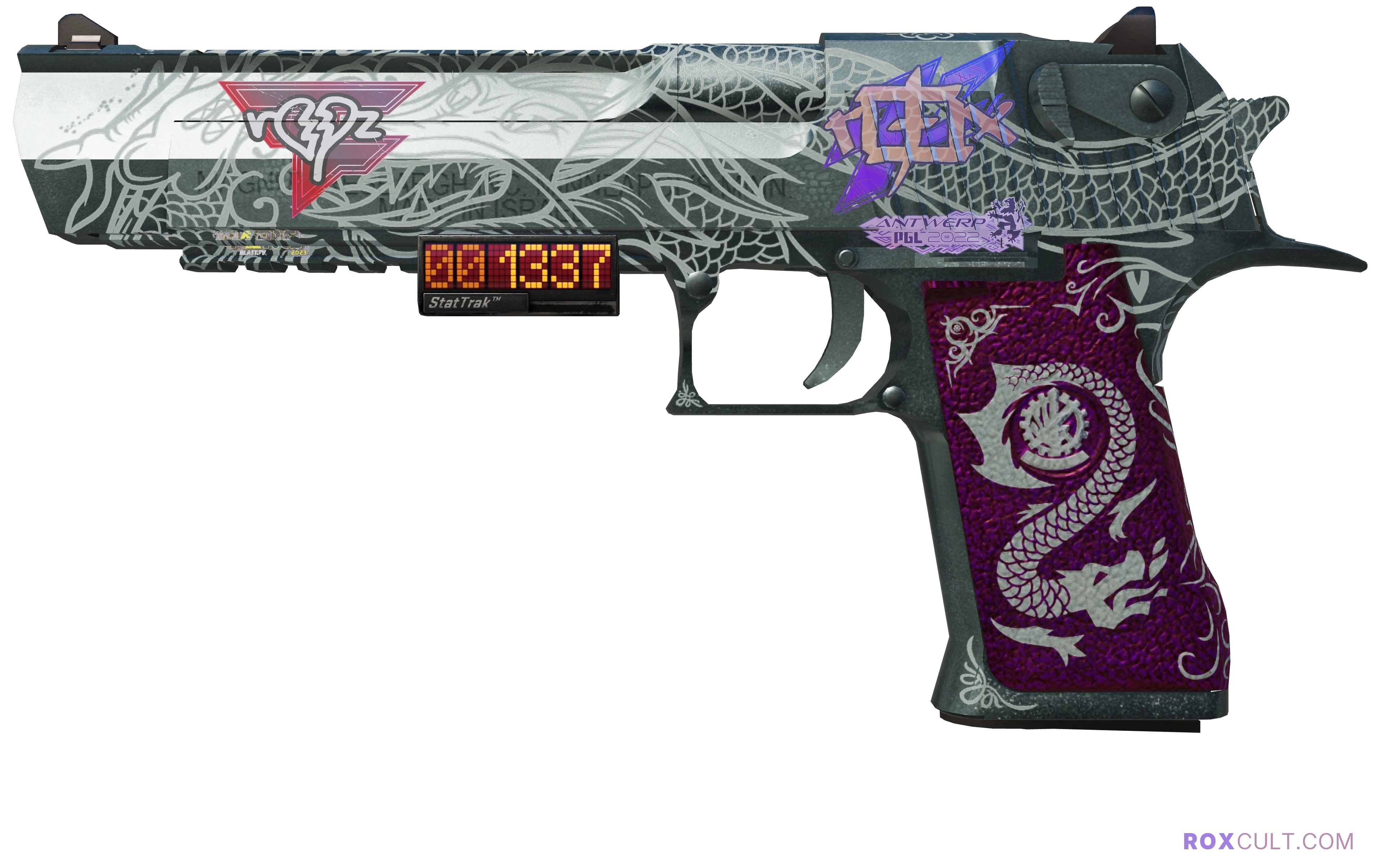 StatTrak™ Desert Eagle | Kumicho Dragon (Field-Tested) — rox (Holo) Antwerp 2022 craft, playside view with 1 rox (Holo) sticker