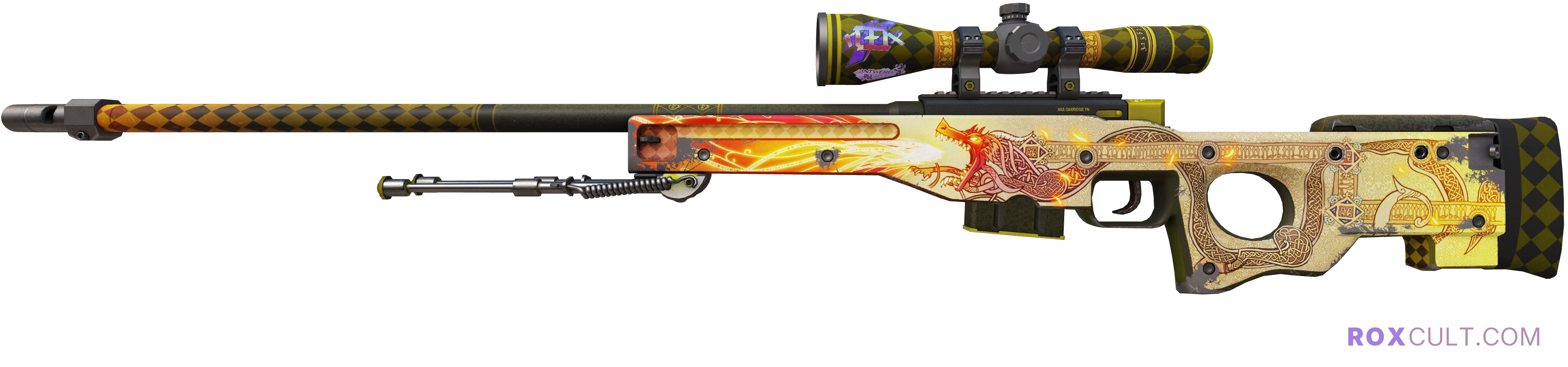 AWP | Dragon Lore (Field-Tested) — rox (Holo) Antwerp 2022 craft, playside view with 1 rox (Holo) sticker