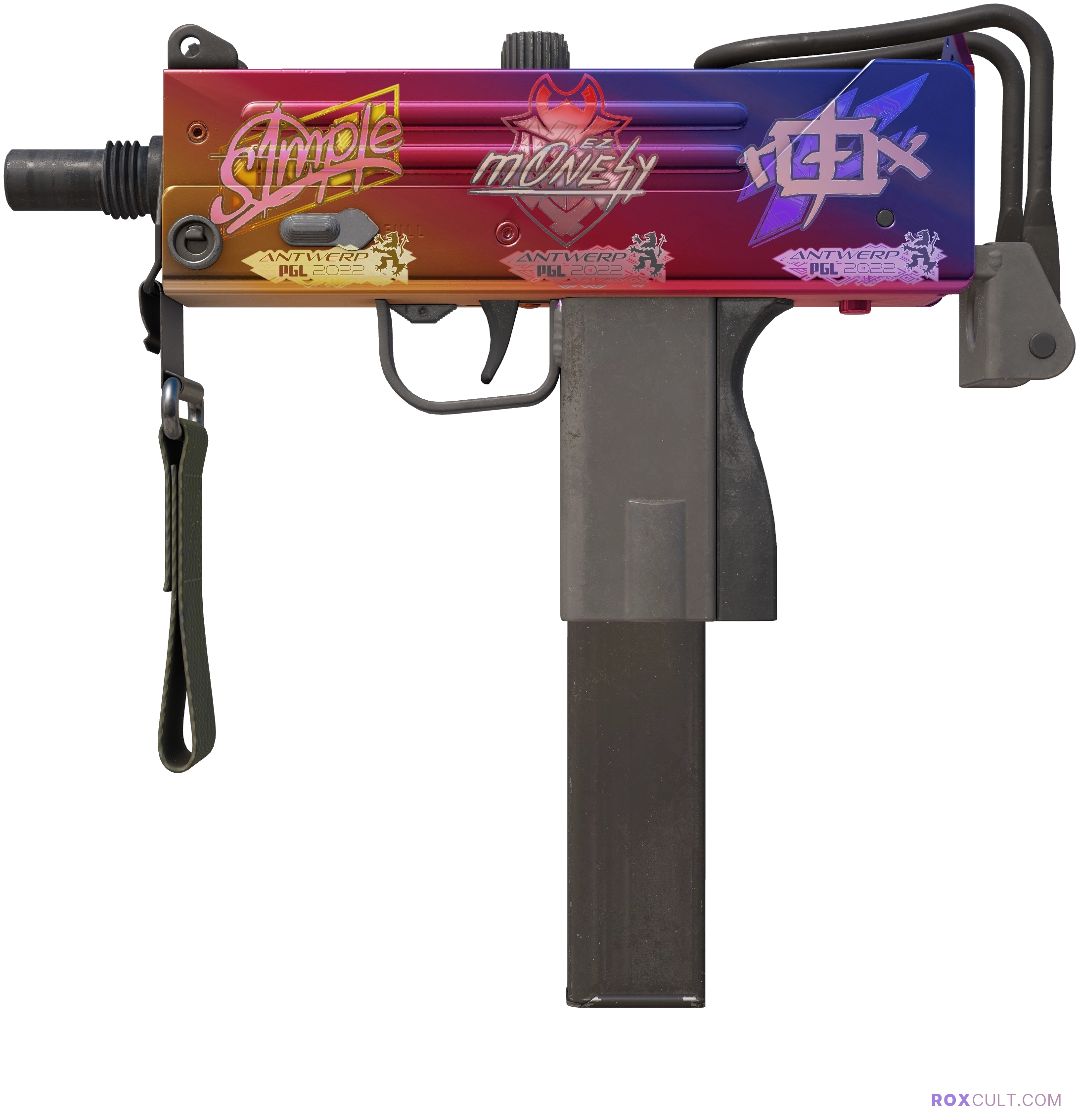 MAC-10 | Fade (Factory New) — rox (Holo) Antwerp 2022 craft, playside view with 1 rox (Holo) sticker