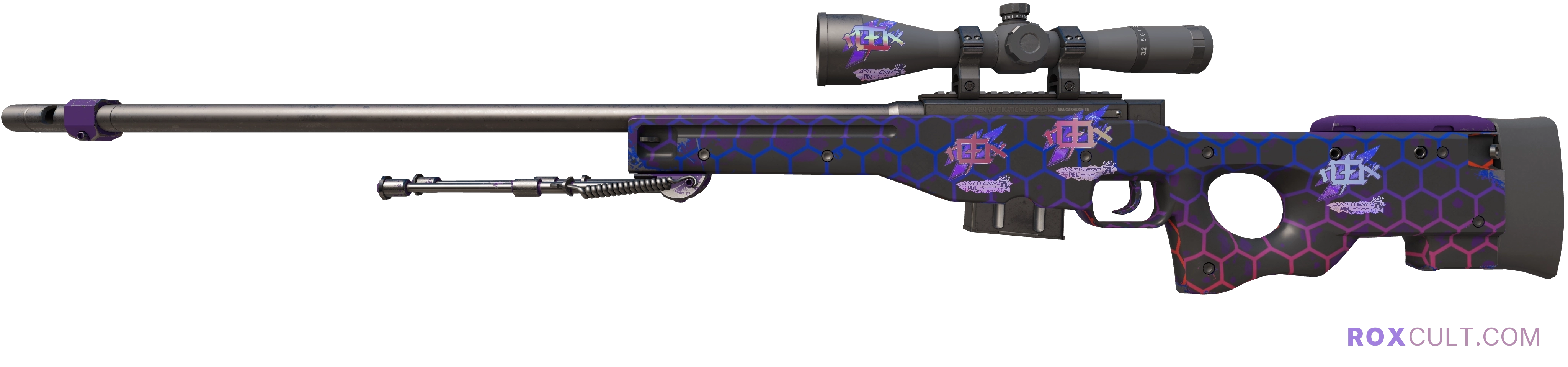 AWP | Electric Hive (Factory New) — rox (Holo) Antwerp 2022 craft, playside view with 4 rox (Holo) stickers