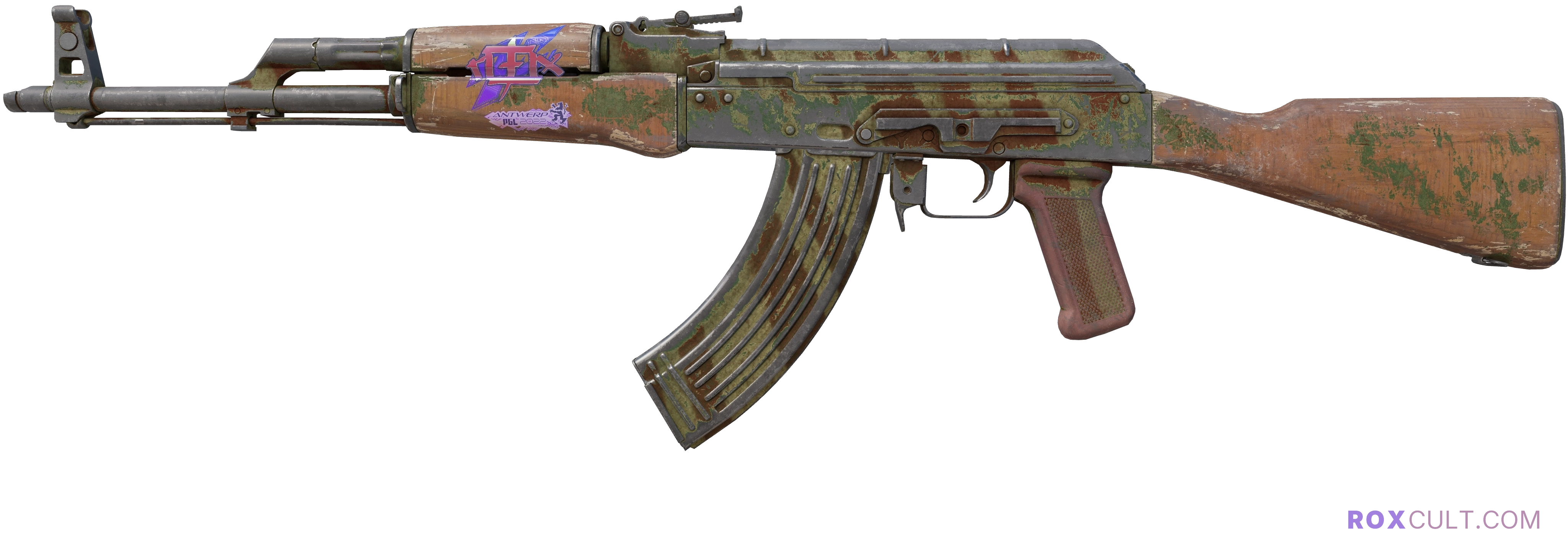 AK-47 | Predator (Battle-Scarred) — rox (Holo) Antwerp 2022 craft, playside view with 1 rox (Holo) sticker