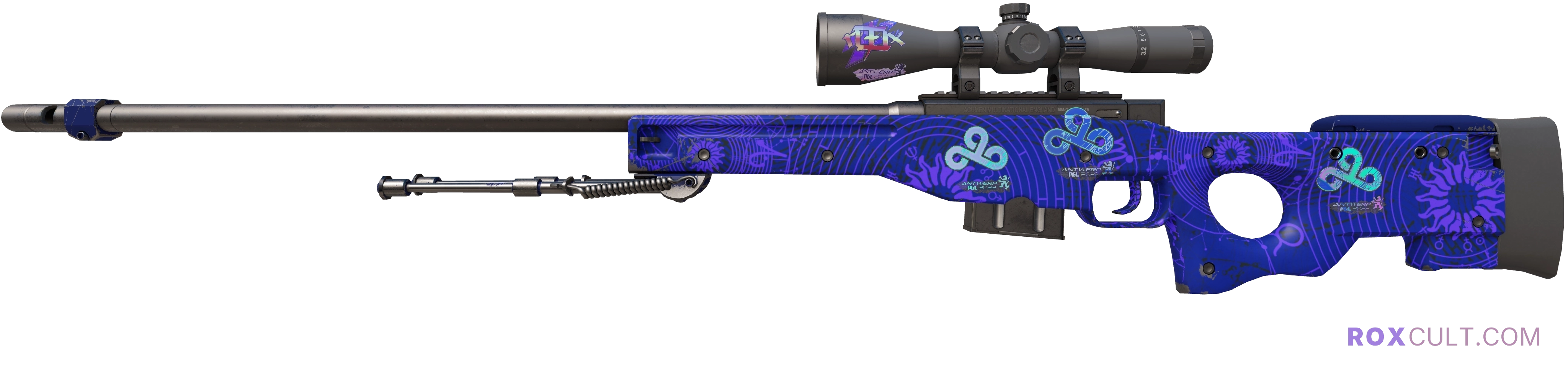 AWP | Sun in Leo (Minimal Wear) — rox (Holo) Antwerp 2022 craft, playside view with 1 rox (Holo) sticker