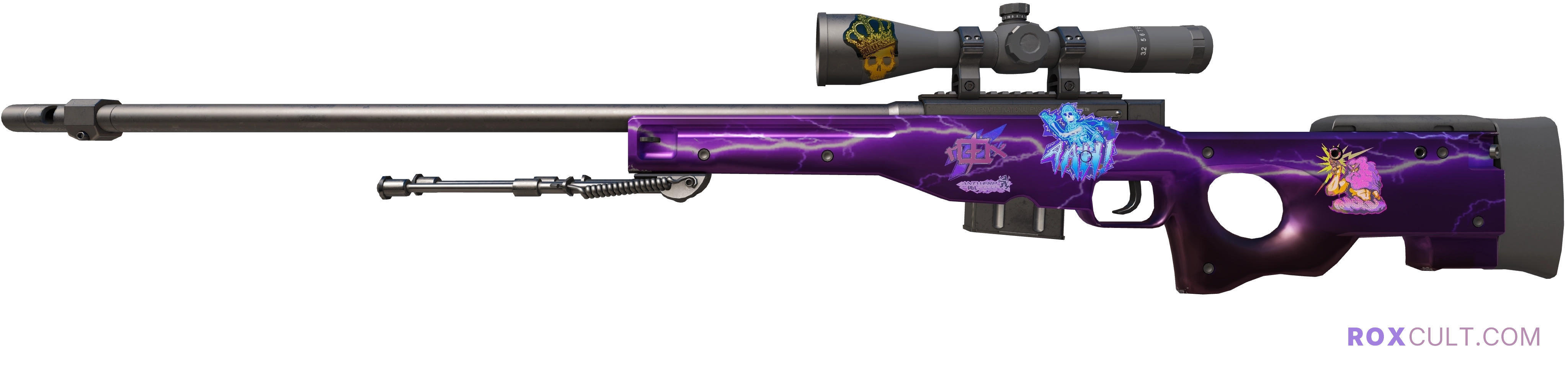 AWP | Lightning Strike (Factory New) — rox (Holo) Antwerp 2022 craft, playside view with 1 rox (Holo) sticker