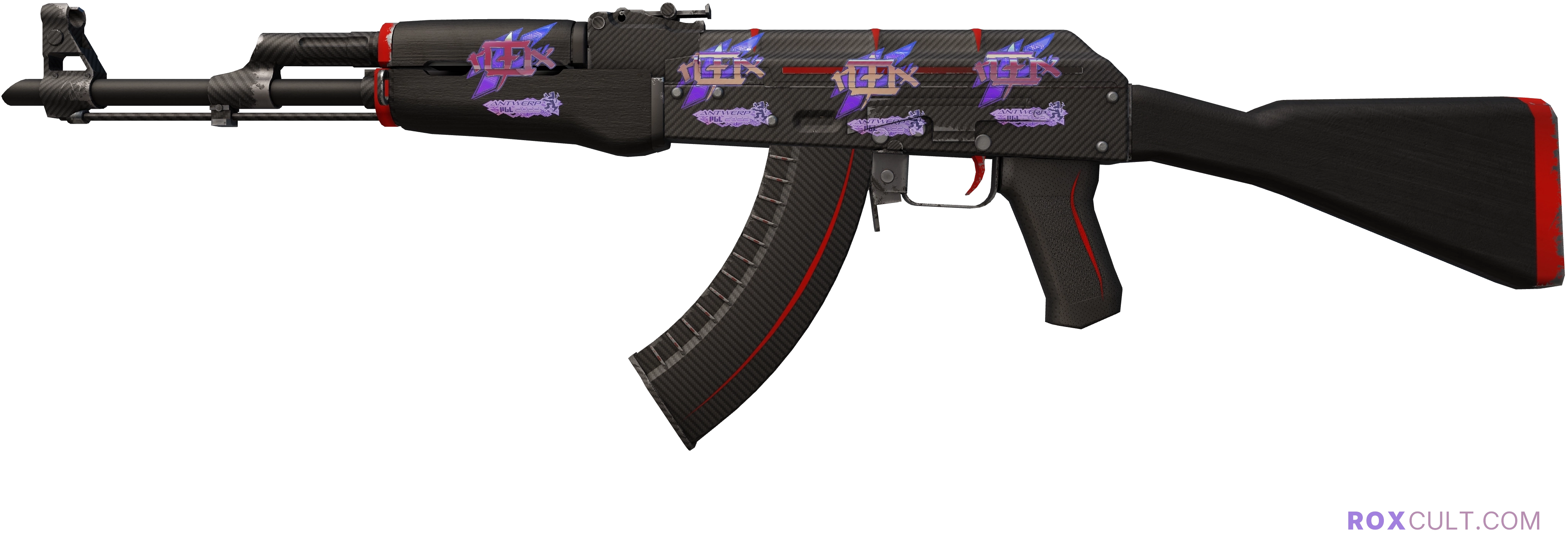 AK-47 | Redline (Minimal Wear) — rox (Holo) Antwerp 2022 craft, playside view with 4 rox (Holo) stickers