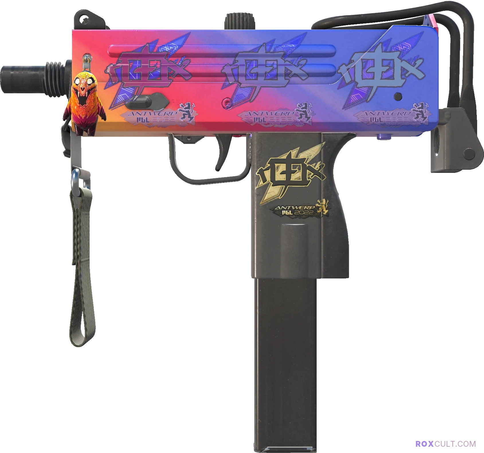 MAC-10 | Fade (Factory New) — rox (Holo) Antwerp 2022 craft, playside view with 3 rox (Holo) stickers