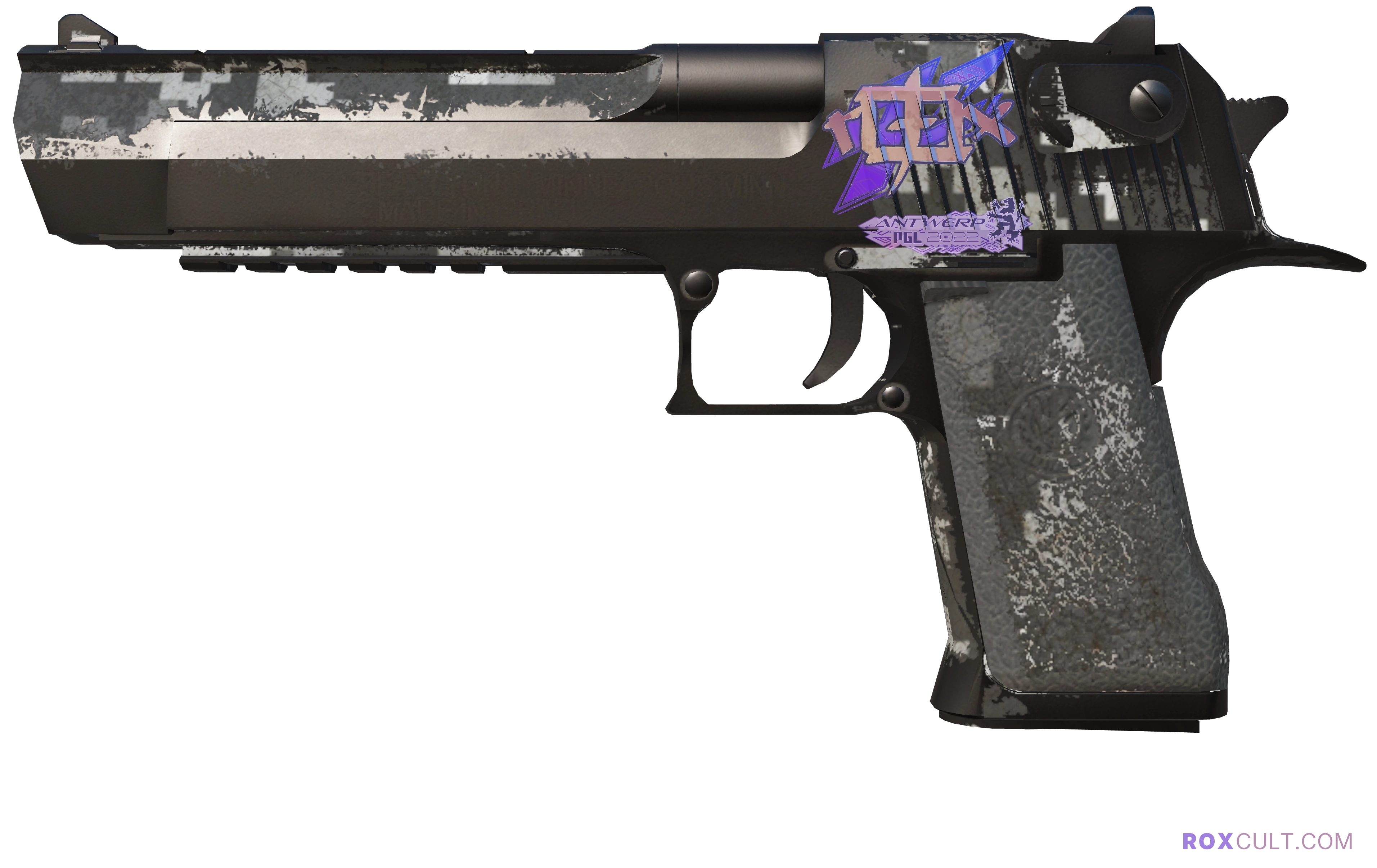 Desert Eagle | Urban DDPAT (Battle-Scarred) — rox (Holo) Antwerp 2022 craft, playside view with 1 rox (Holo) sticker