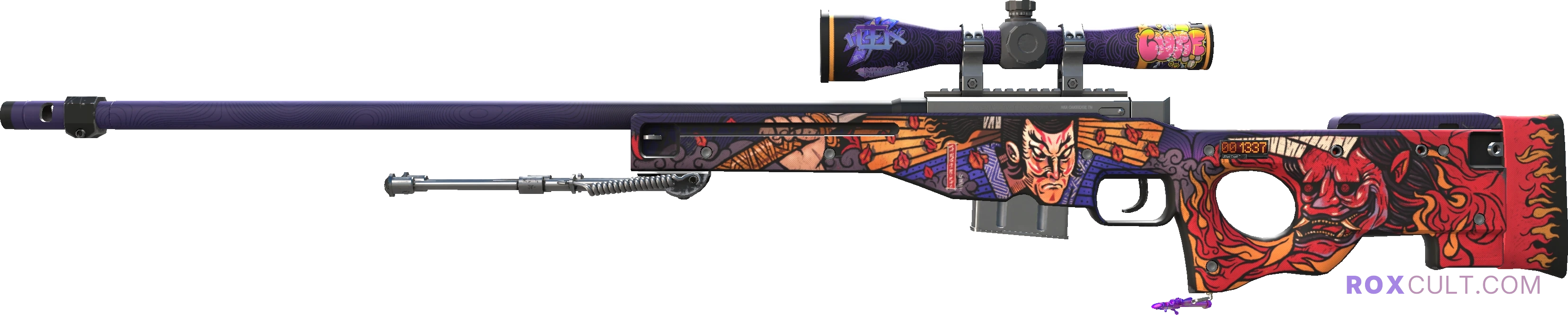 StatTrak™ AWP | Oni Taiji (Factory New) — rox (Holo) Antwerp 2022 craft, playside view with 1 rox (Holo) sticker