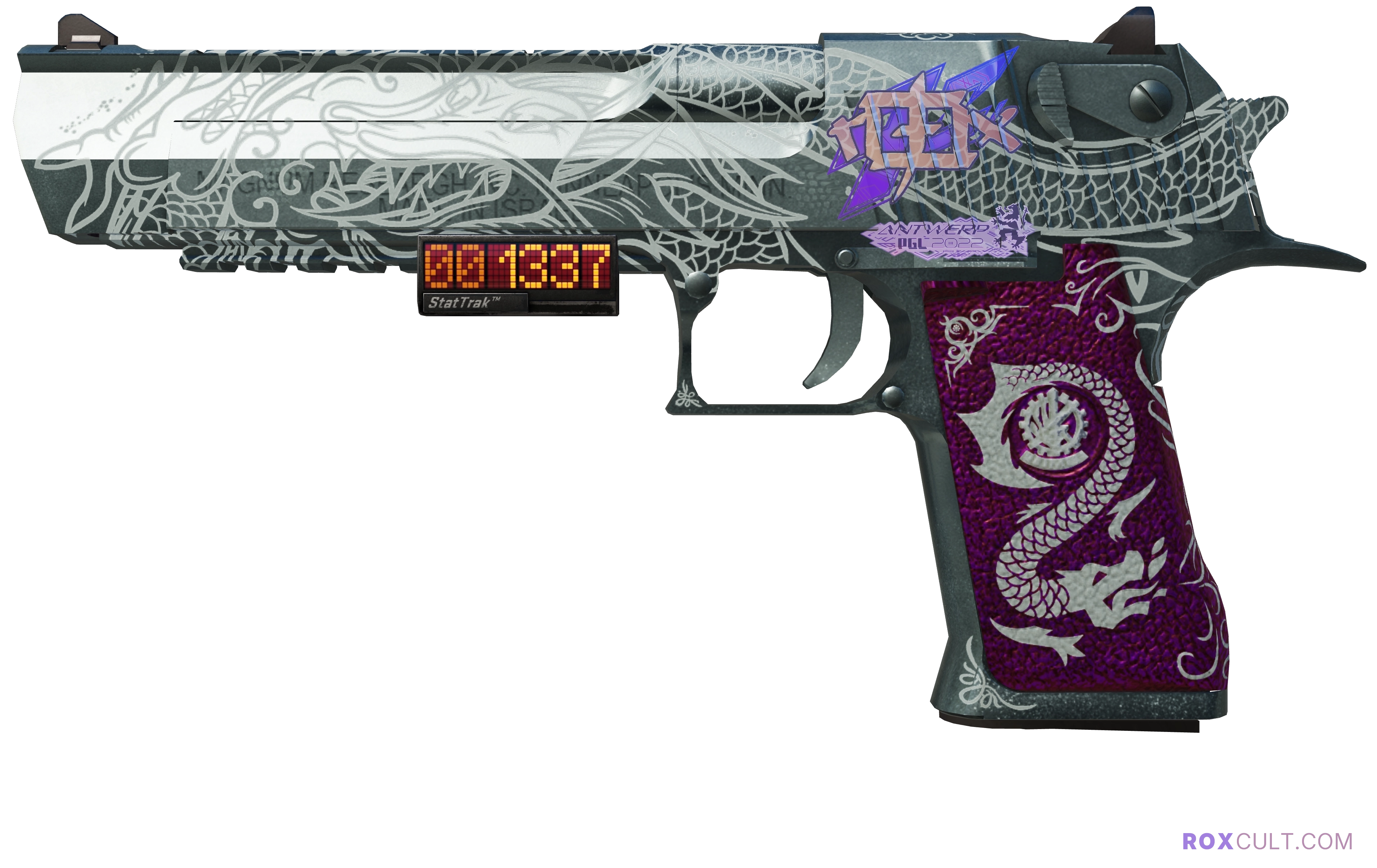 StatTrak™ Desert Eagle | Kumicho Dragon (Minimal Wear) — rox (Holo) Antwerp 2022 craft, playside view with 1 rox (Holo) sticker