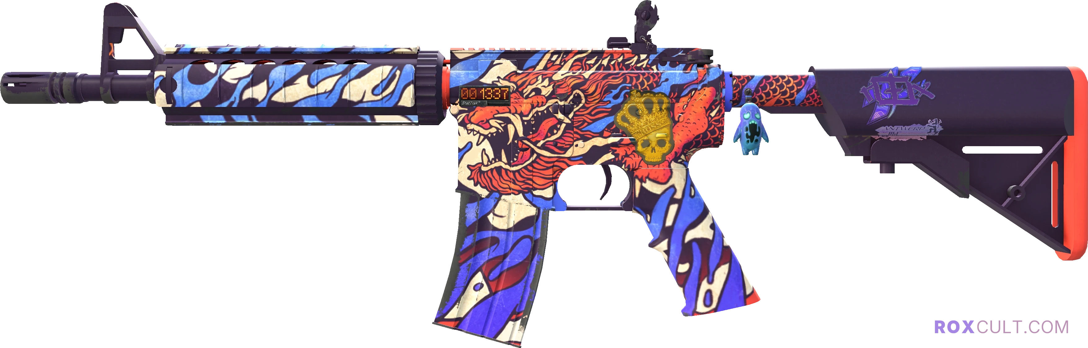 StatTrak™ M4A4 | 龍王 (Dragon King) (Factory New) — rox (Holo) Antwerp 2022 craft, playside view with 1 rox (Holo) sticker