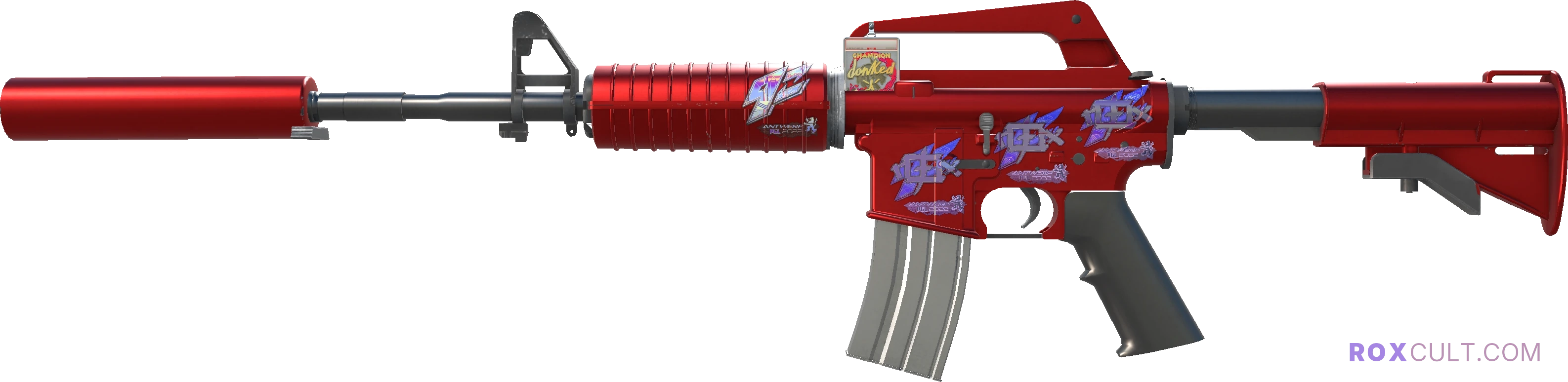 M4A1-S | Hot Rod (Factory New) — rox (Holo) Antwerp 2022 craft, playside view with 3 rox (Holo) stickers